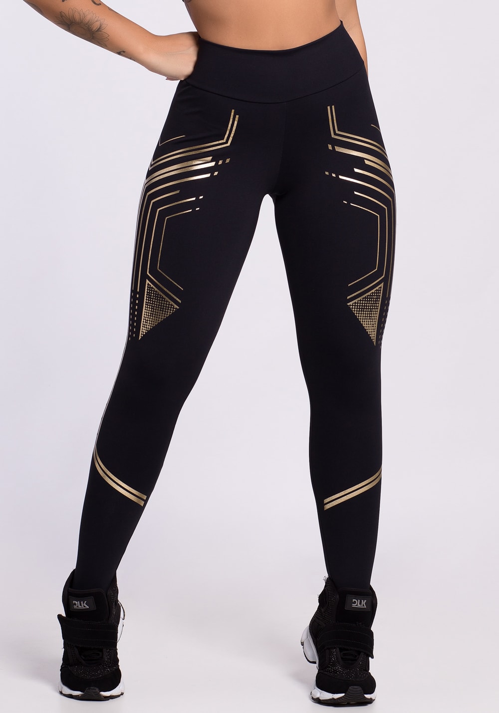 Calça legging preta com silk dourado