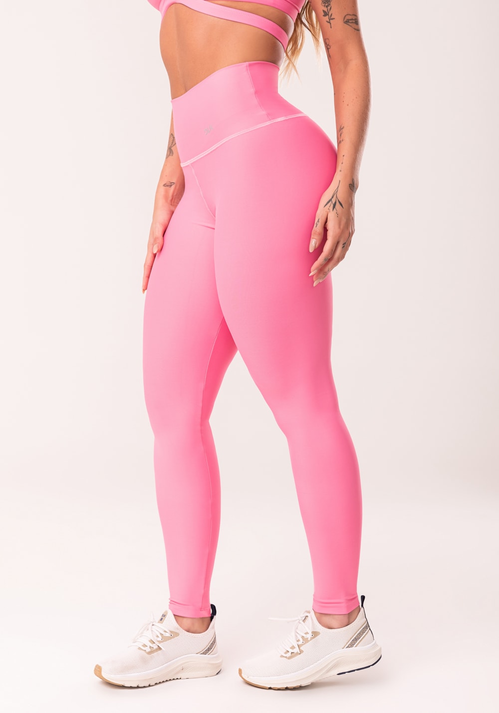 Calça legging rosa chiclete cintura alta básica