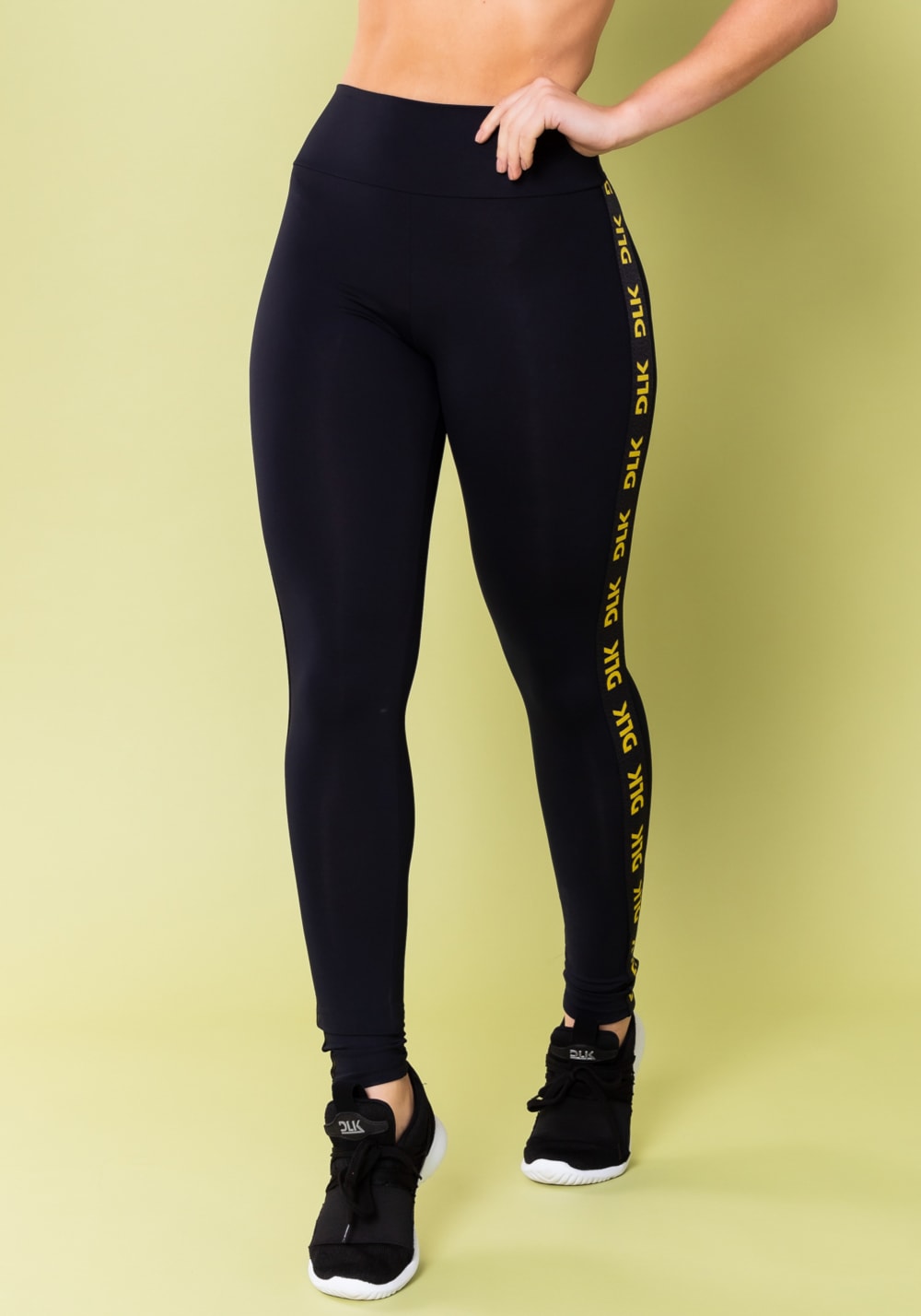 Calça legging energy poliamida preta com elástico detalhe amarelo