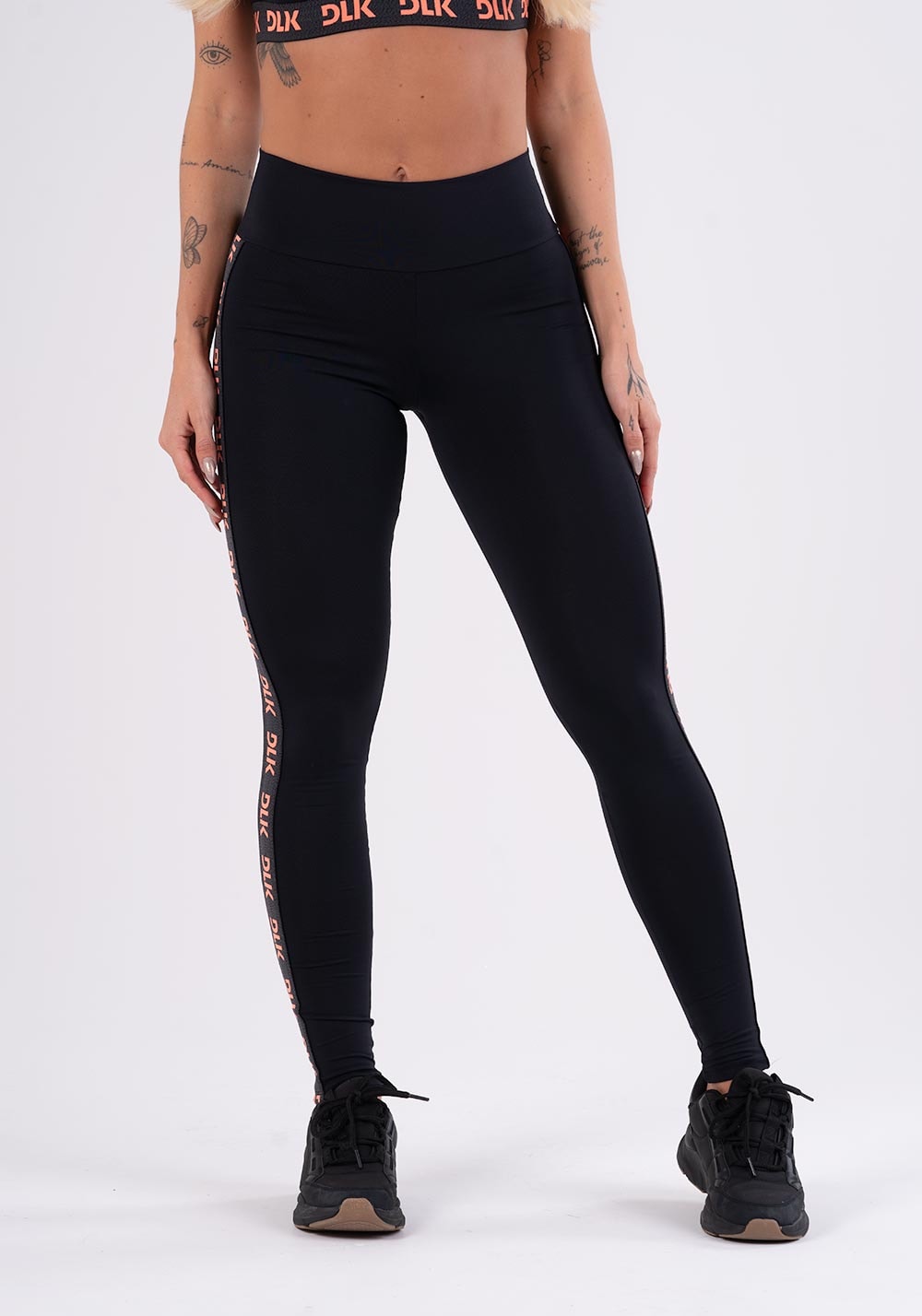 Calça legging energy poliamida preta com elástico detalhe laranja