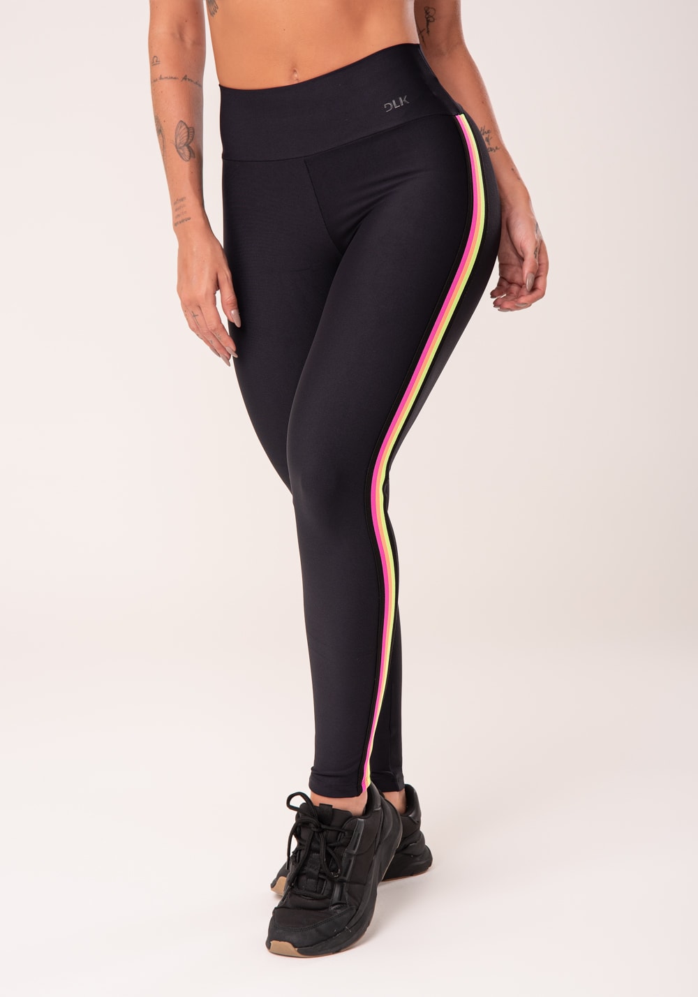 Calça legging energy poliamida preta com elástico colorido
