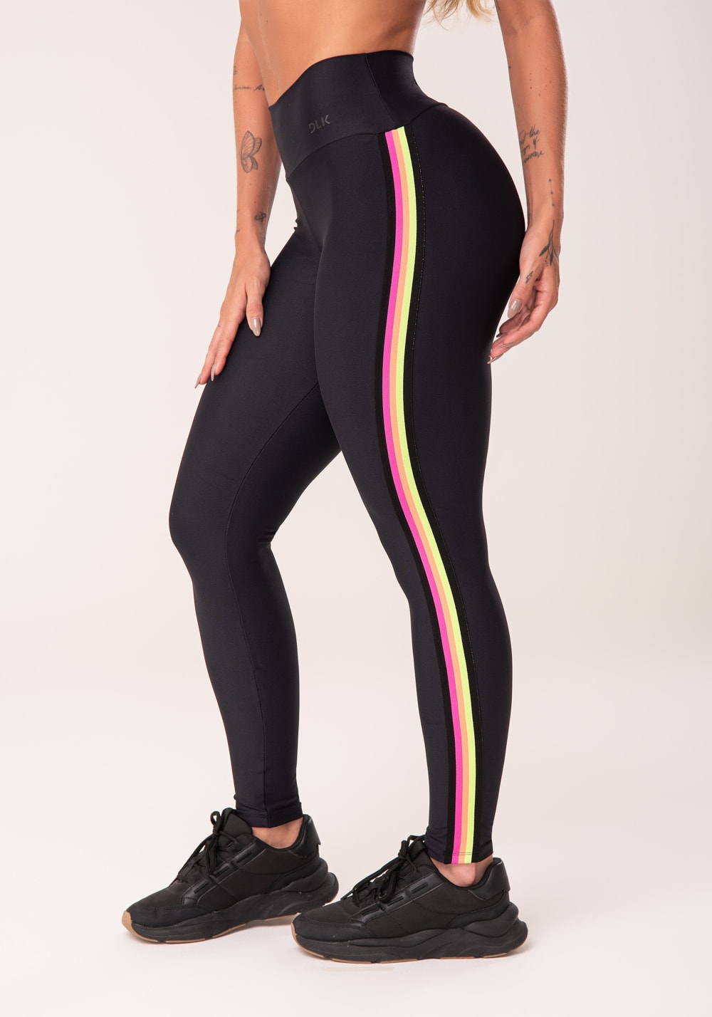 Calça legging energy poliamida preta com elástico colorido