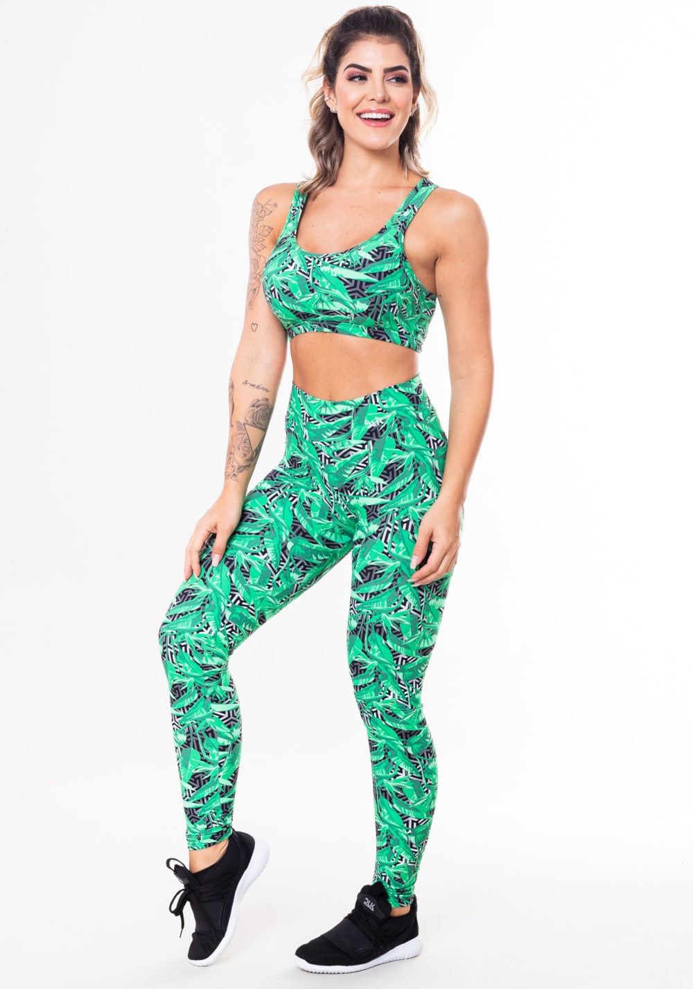 Conjunto fitness match poliamida estampado geométrico e folhagem (top+calça)