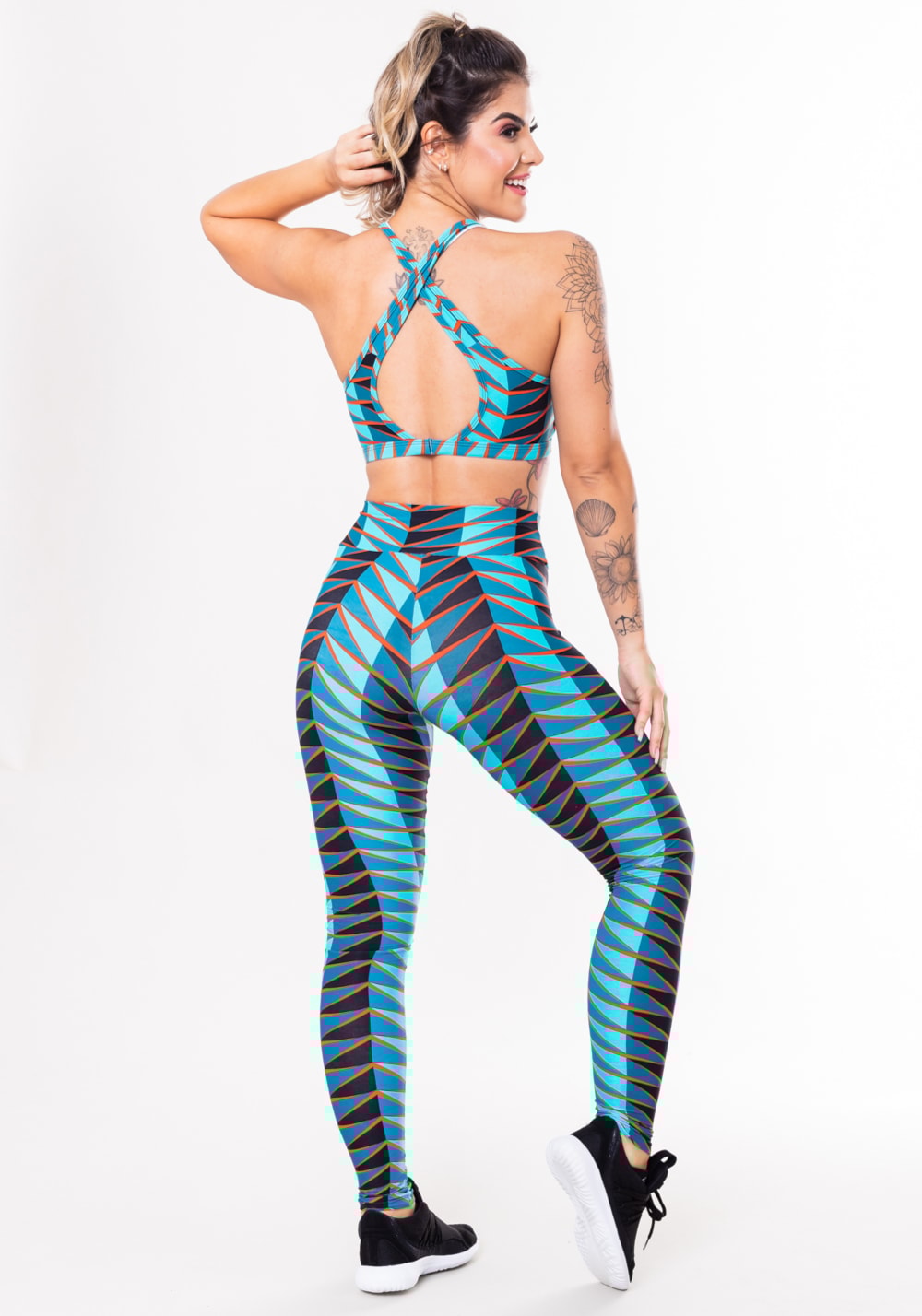 Conjunto fitness match poliamida estampado afro azul (top+calça)