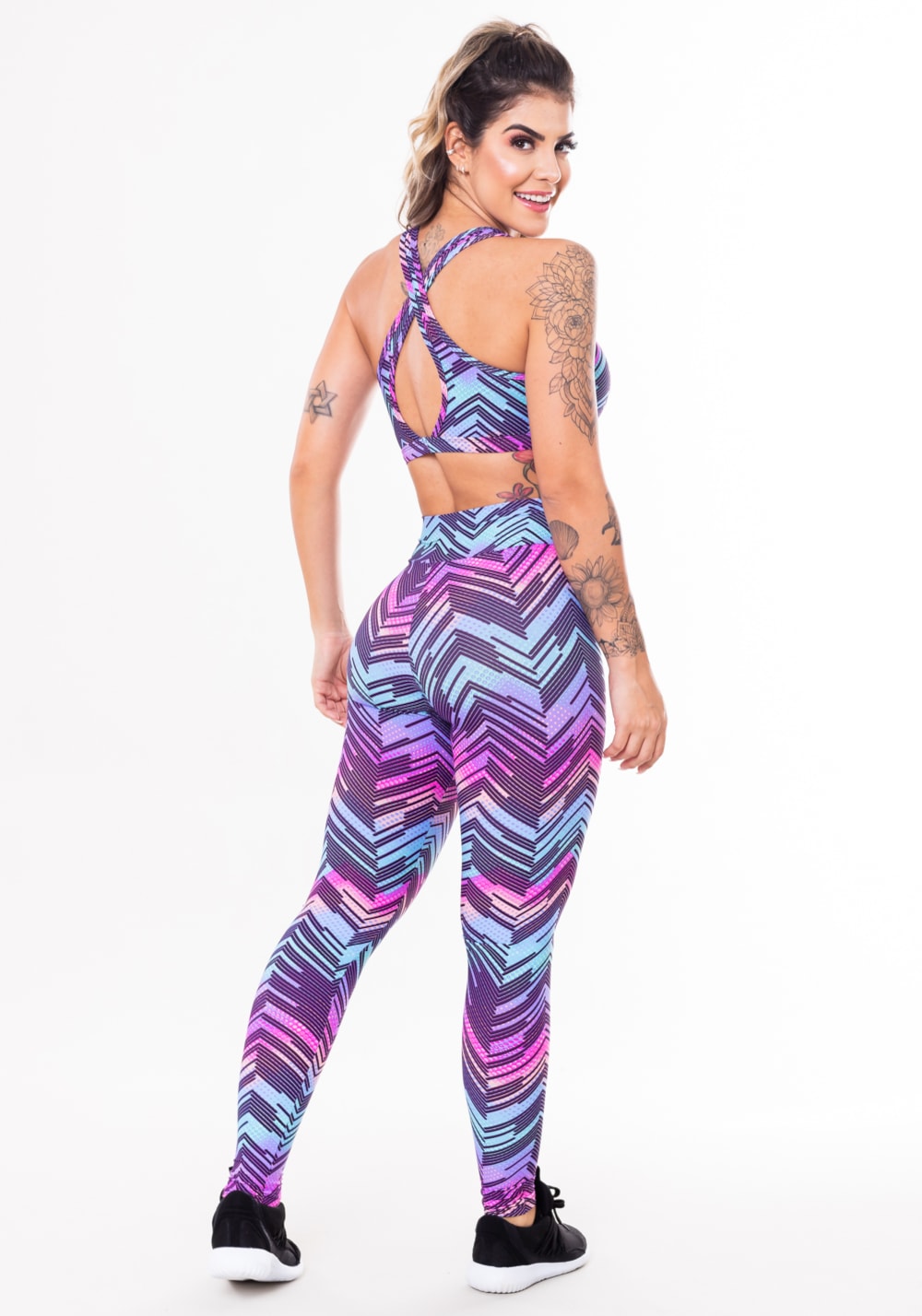 Conjunto fitness match poliamida estampado zig zag roxo (top+calça)