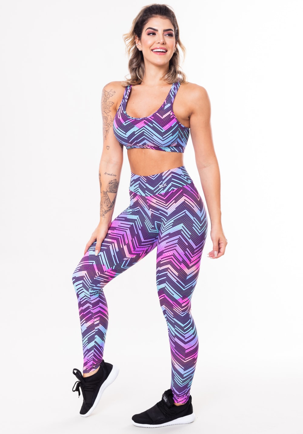 Conjunto fitness match poliamida estampado zig zag roxo (top+calça)