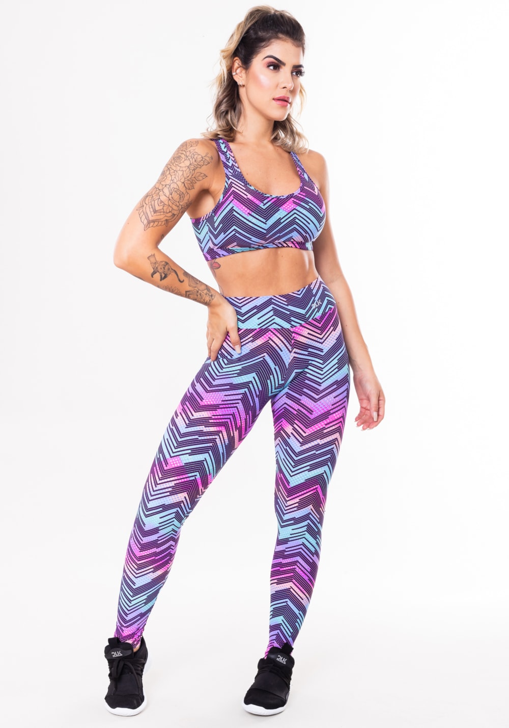 Conjunto fitness match poliamida estampado zig zag roxo (top+calça)