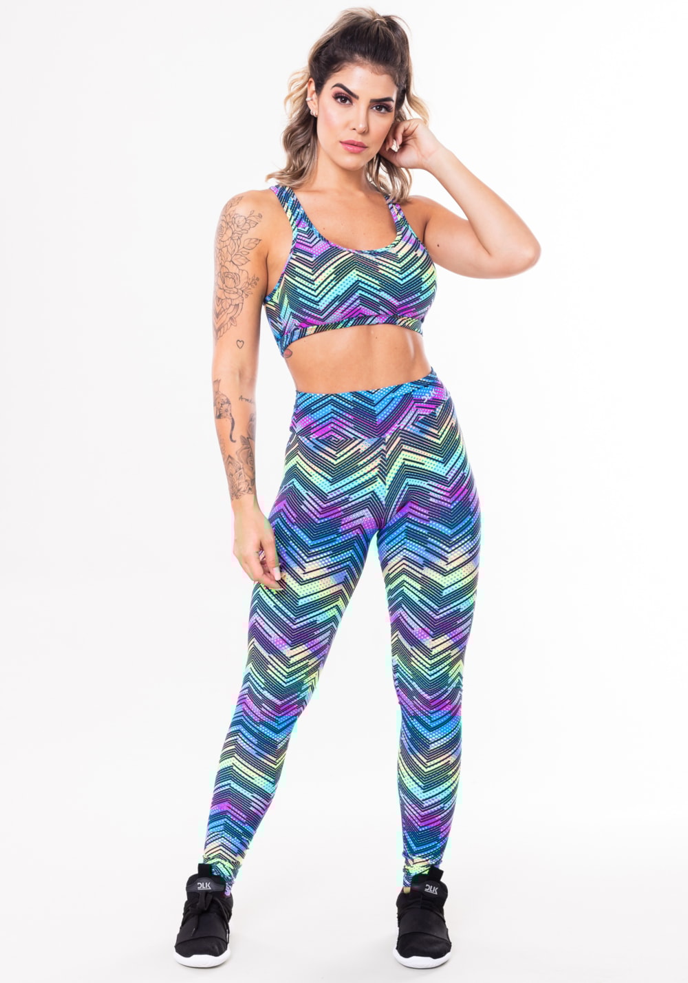 Conjunto fitness match poliamida estampado zig zag colorido (top+calça)