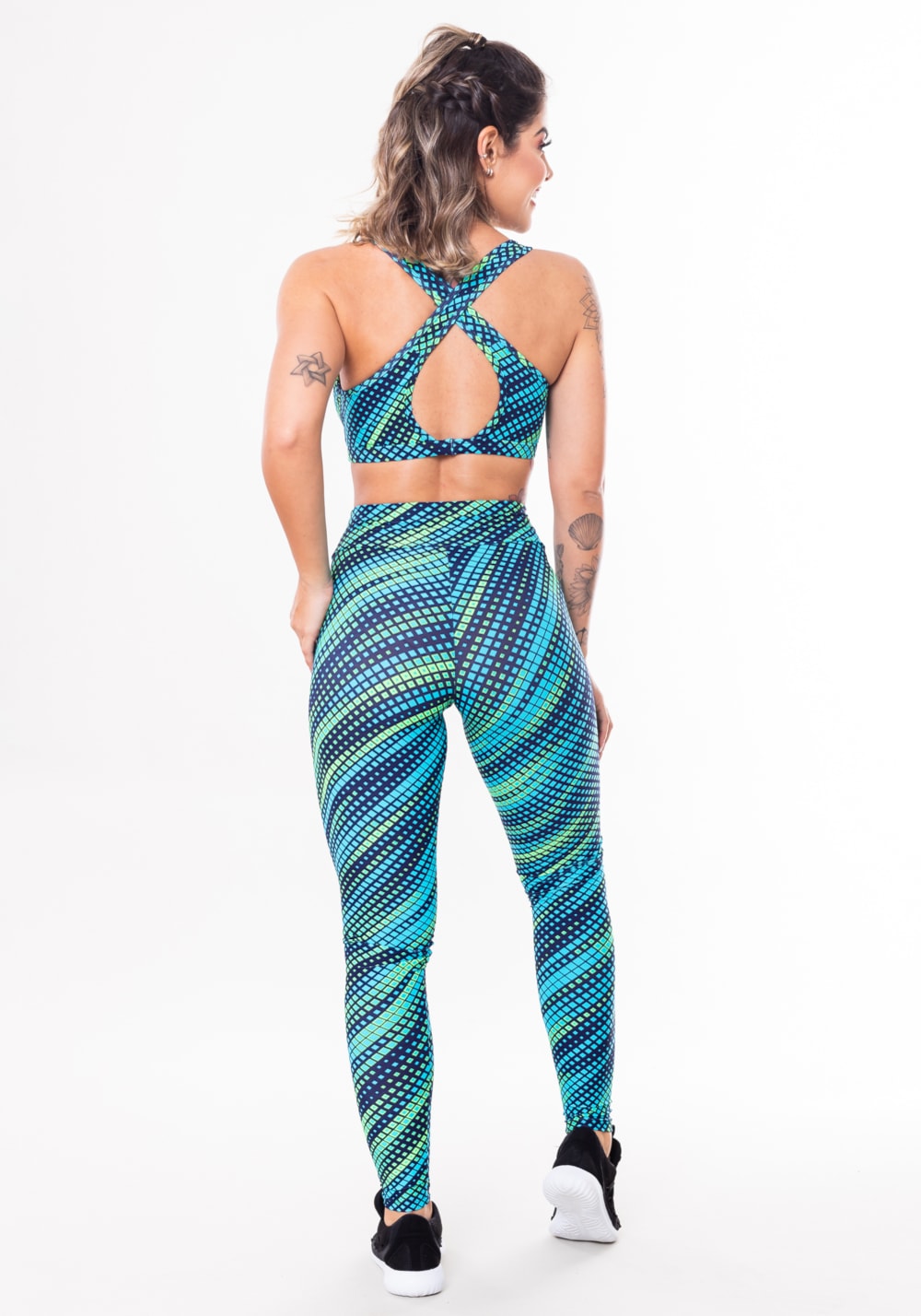 Conjunto fitness match poliamida estampado pixels azul e verde (top+calça)