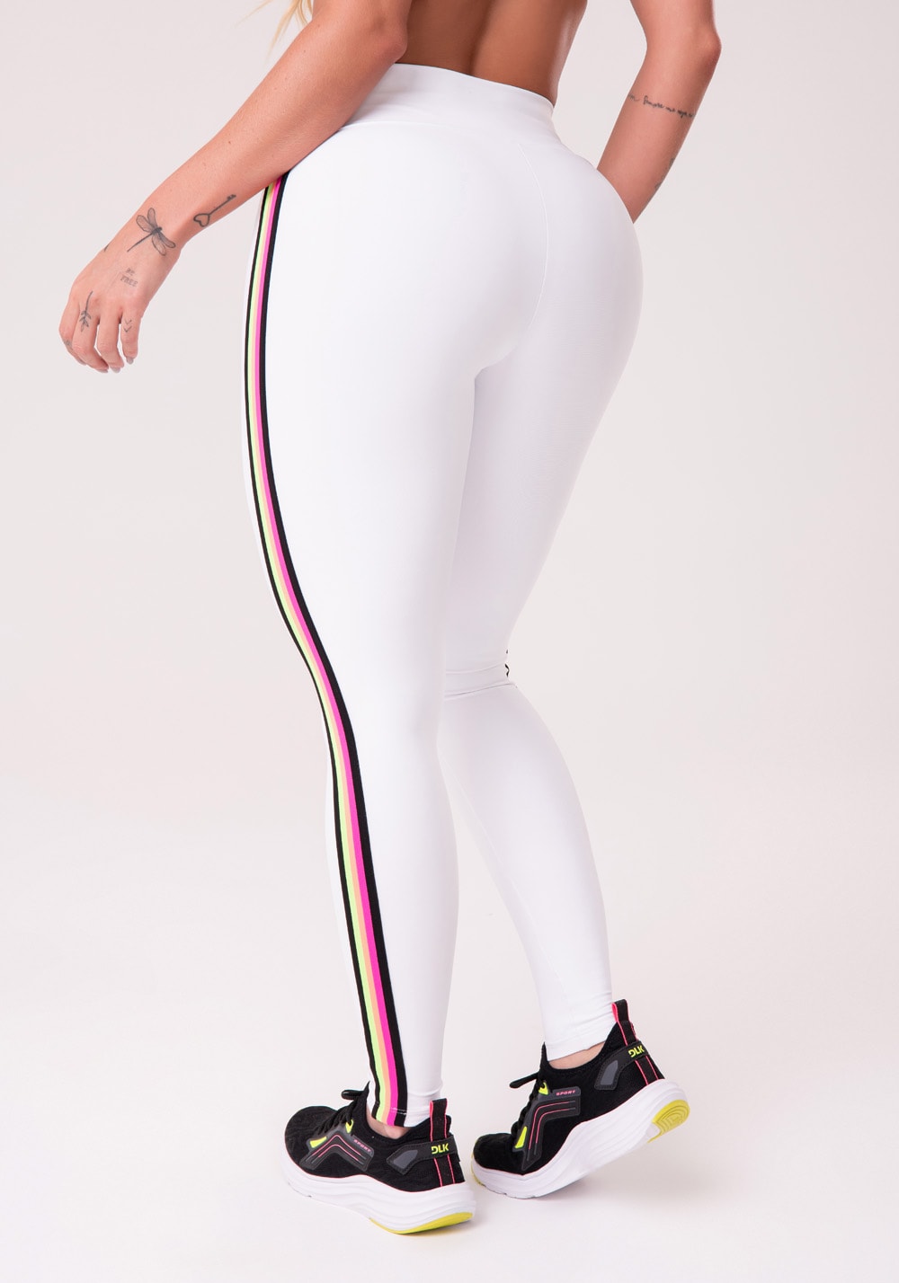 Calça legging energy poliamida branca com elástico colorido