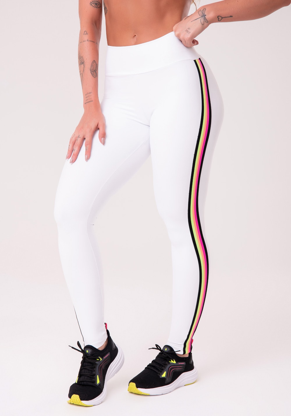 Calça legging energy poliamida branca com elástico colorido