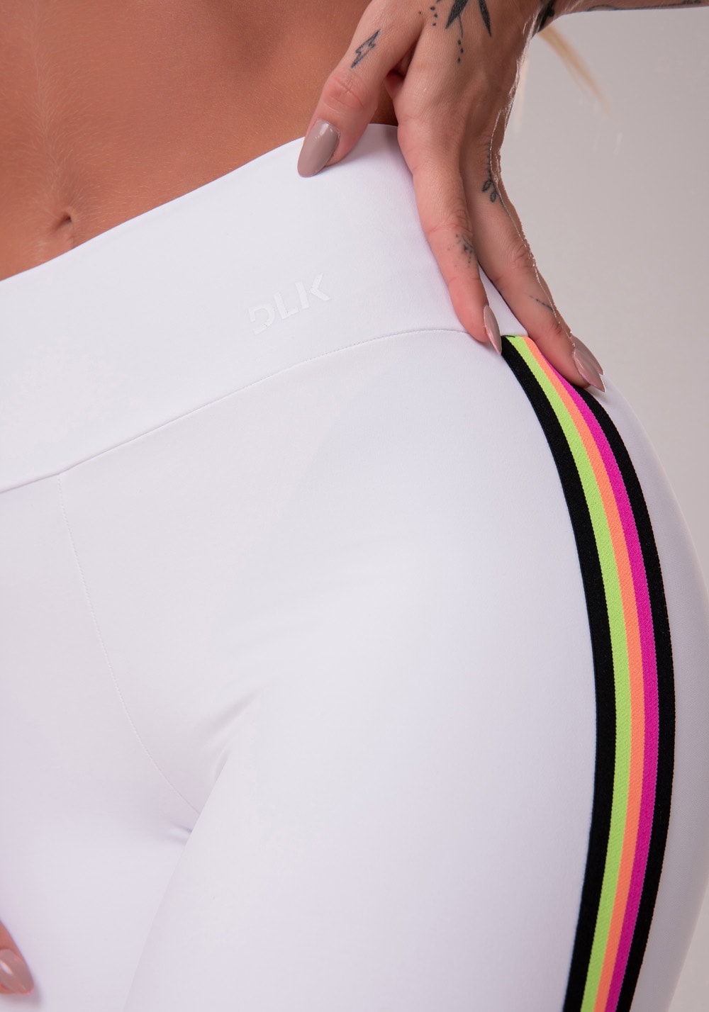 Calça legging energy poliamida branca com elástico colorido