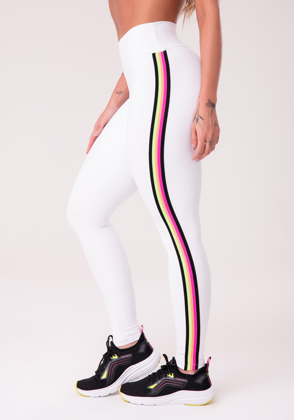 Calça legging energy poliamida branca com elástico colorido