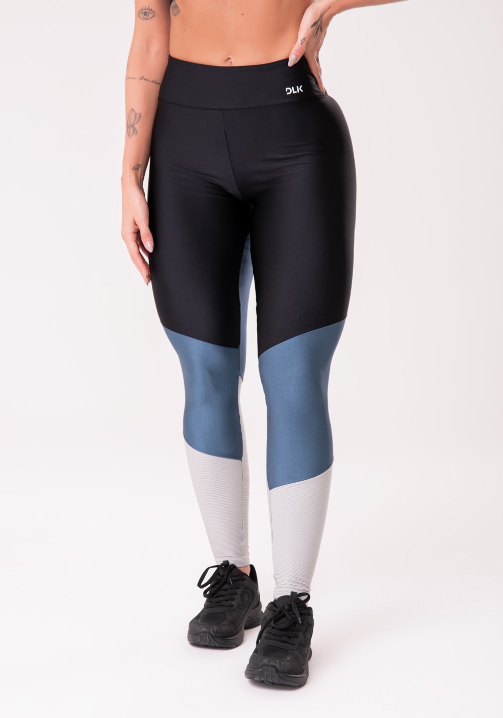 Calça legging happiness com recortes preta, azul marinho e prata