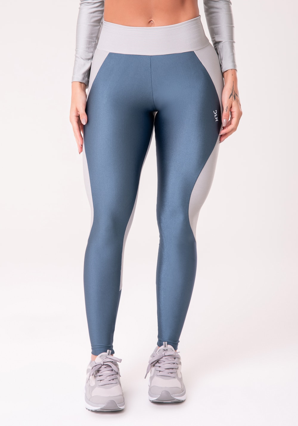 Calça legging happiness com recorte texturizado prata e azul marinho