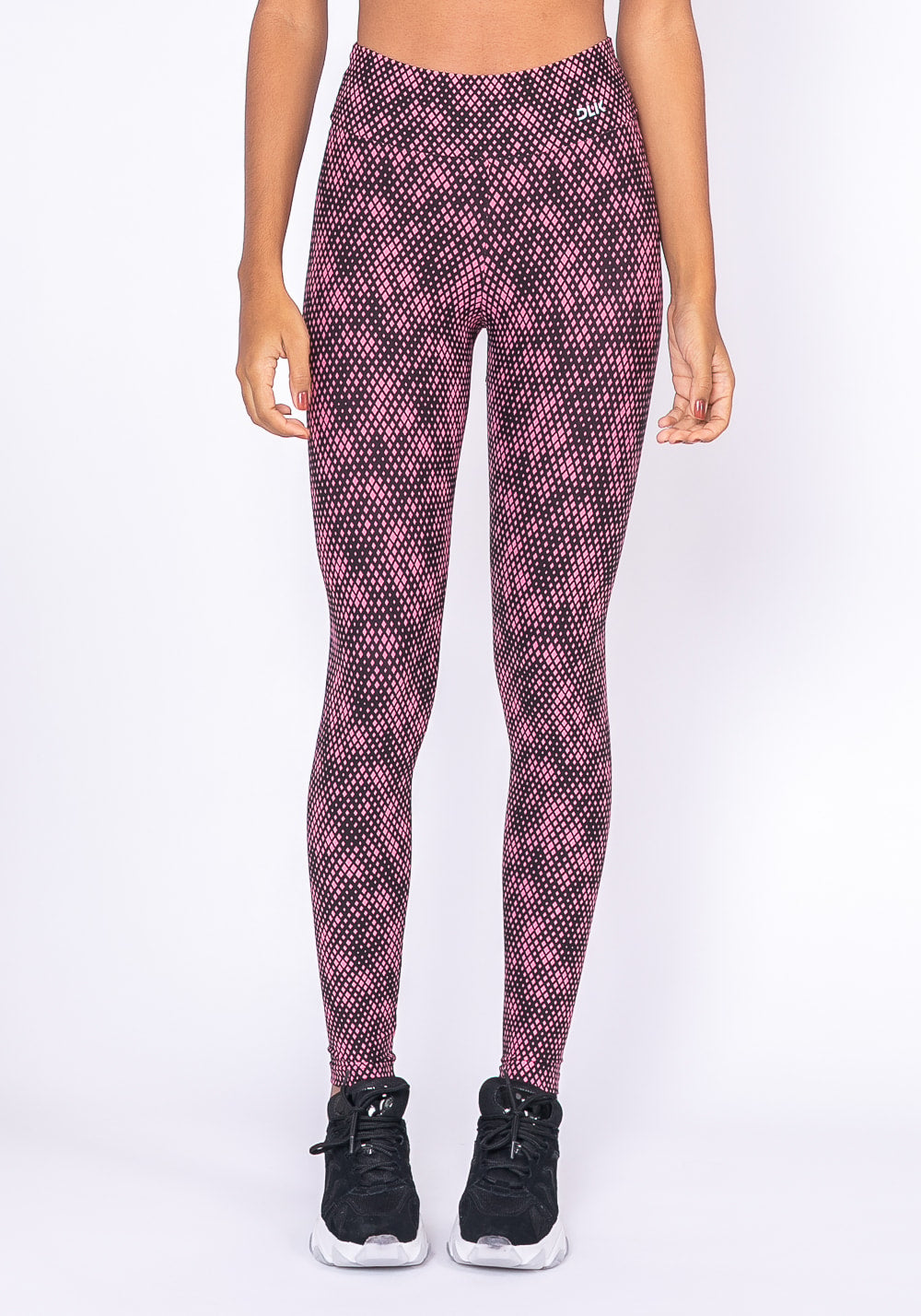 Calça legging technology preta estampa pixel rosa