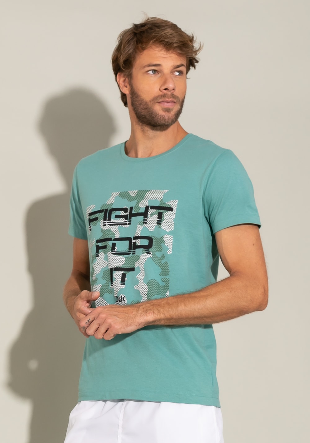 Camiseta manga curta for men slim turquesa com silk fight for it