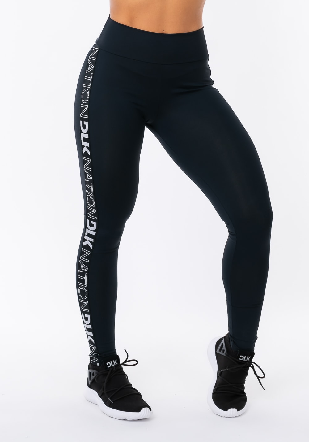 Calça legging nation com elástico lateral preto e prata