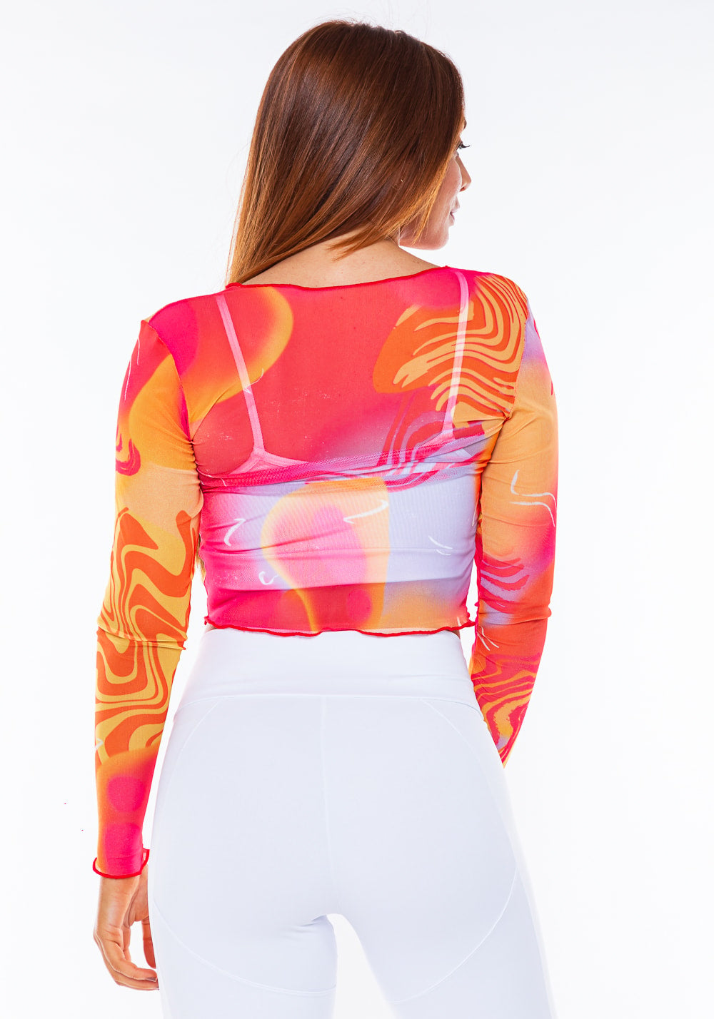 Cropped segunda pele em tule new way estampado sundown manga longa