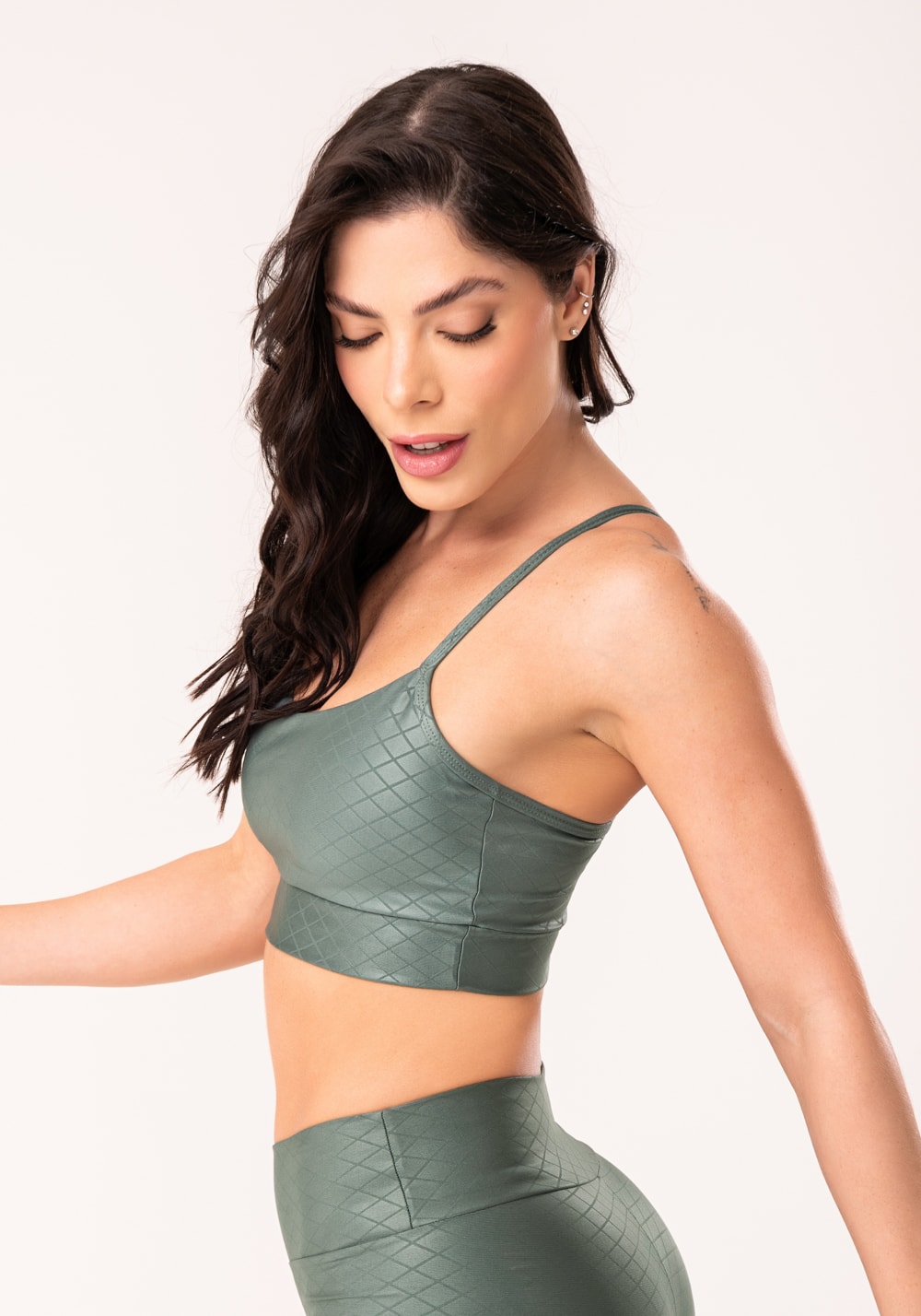 Top com bojo shine verde textura quadriculada