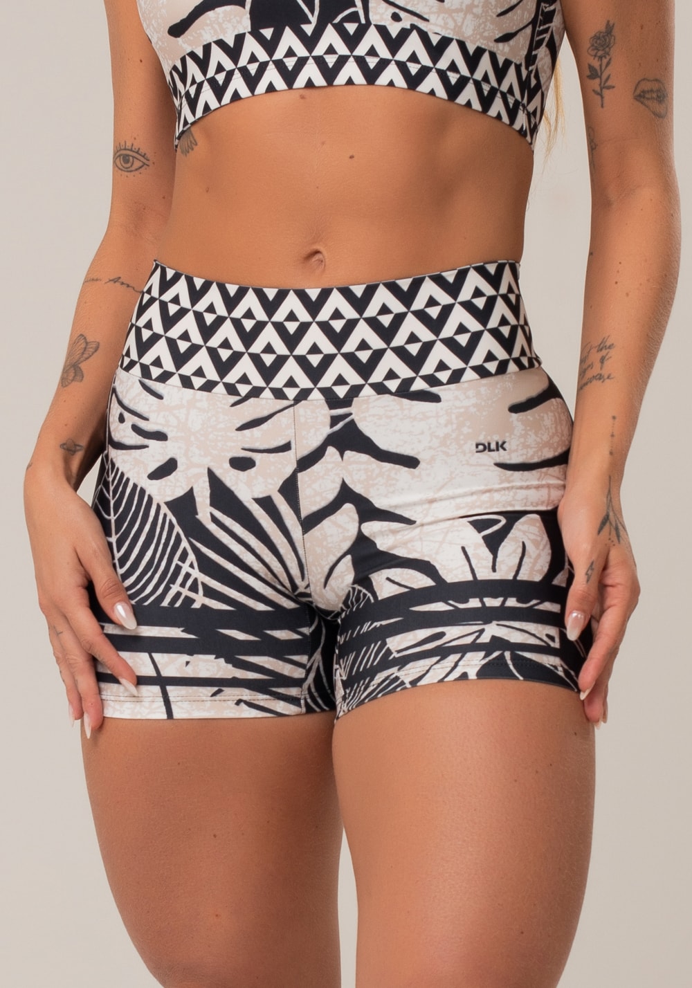 Short fitness feminino new printed estampado folhas étnicas