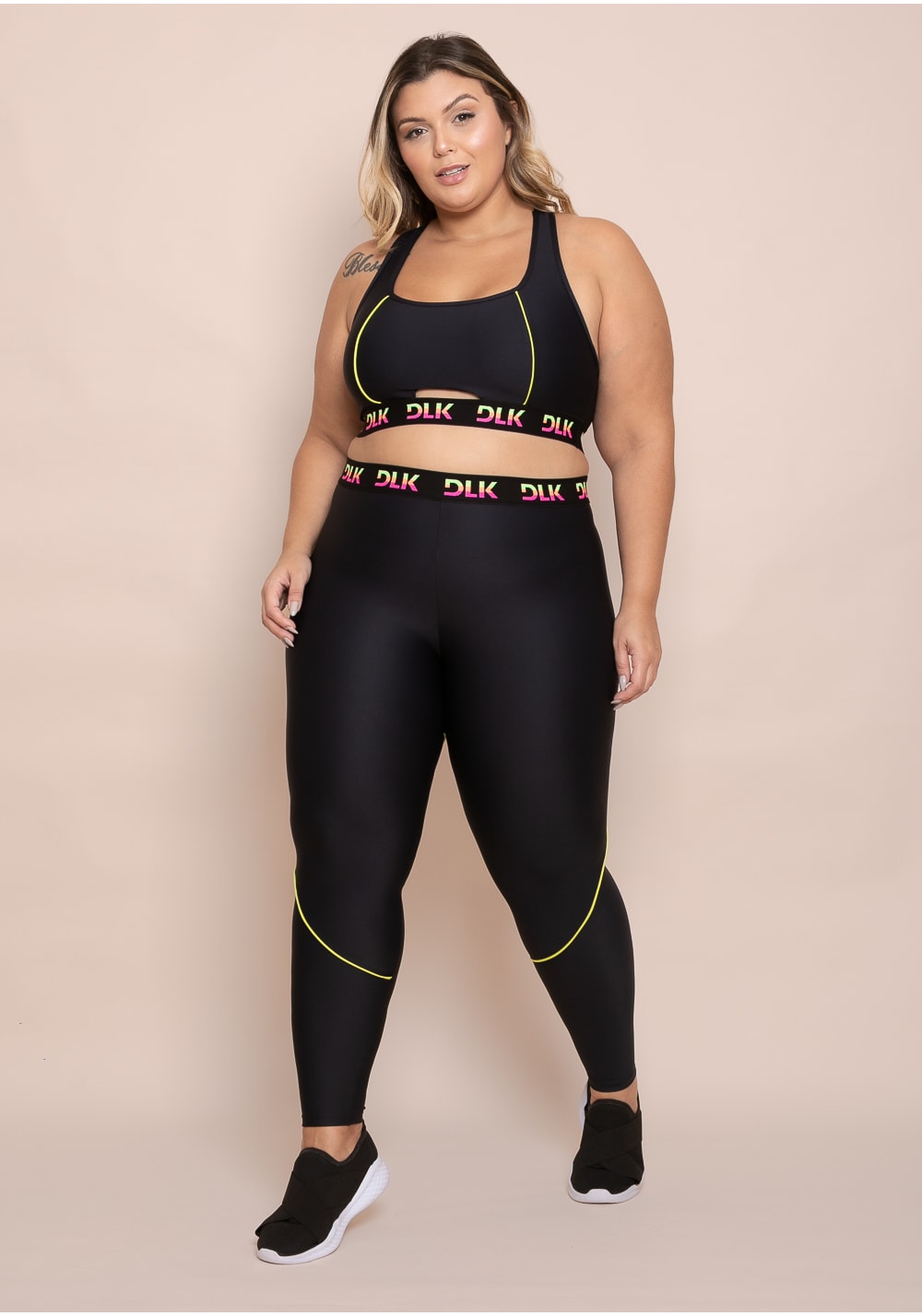 Legging fitness feminina preta elástico colorido na cintura action