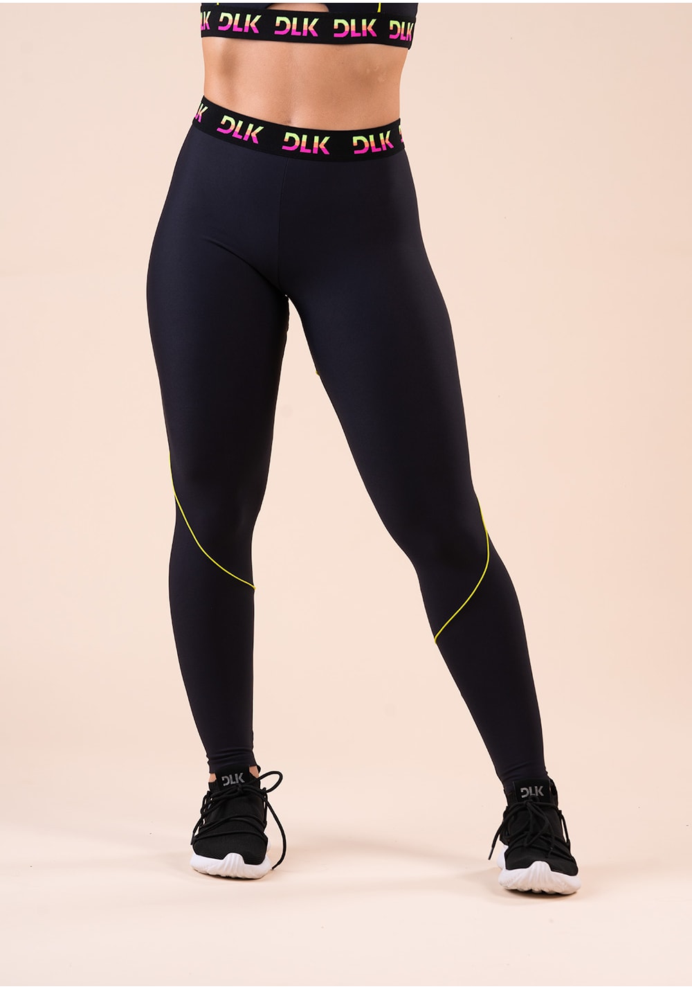 Legging fitness feminina preta elástico colorido na cintura action