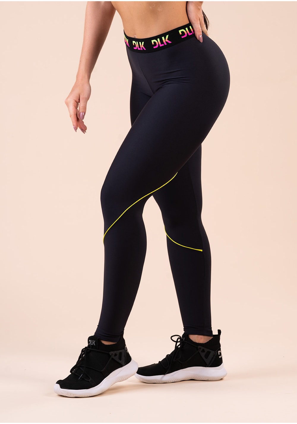 Legging fitness feminina preta elástico colorido na cintura action