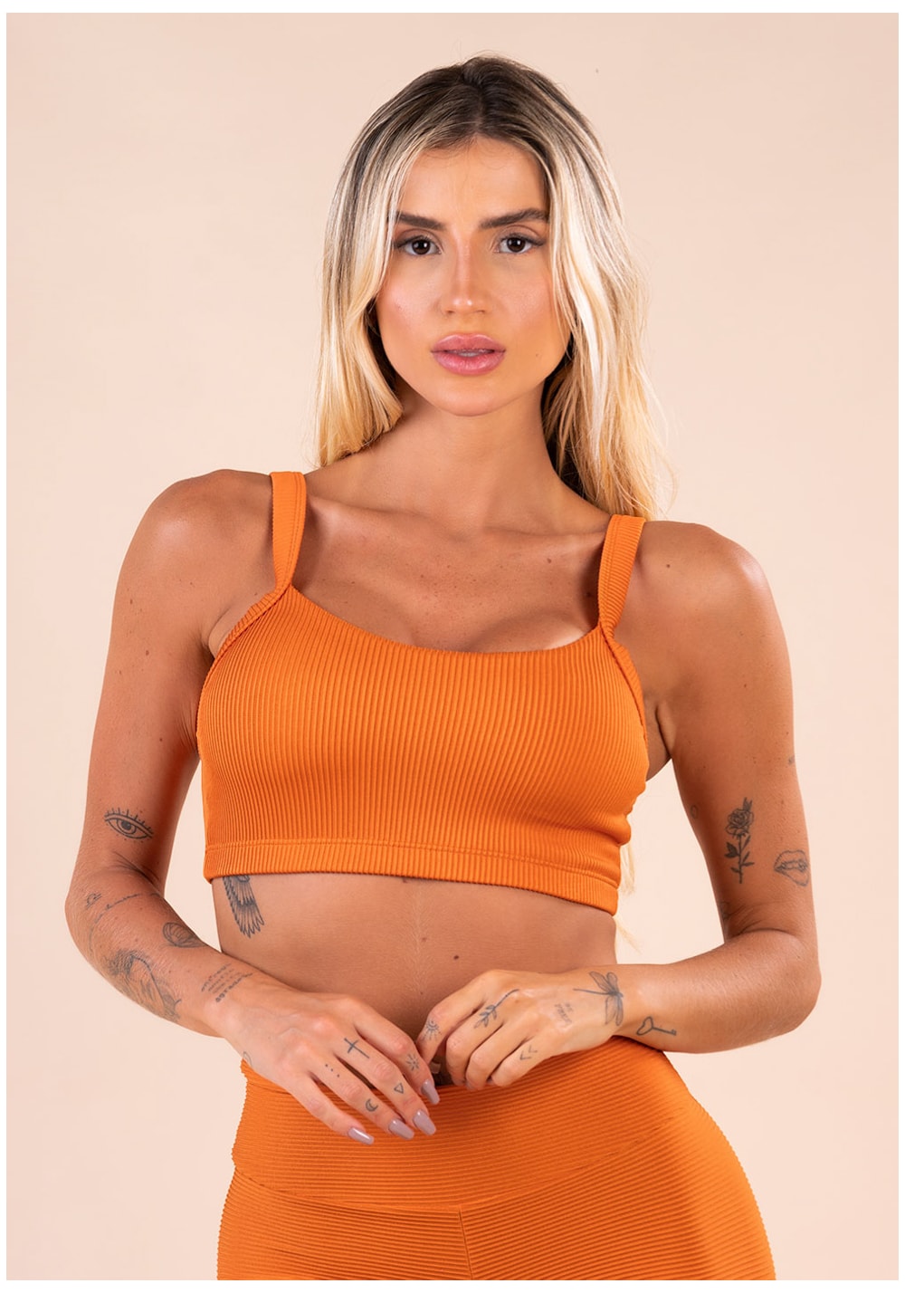 Top fitness feminino com bojo laranja canelado action