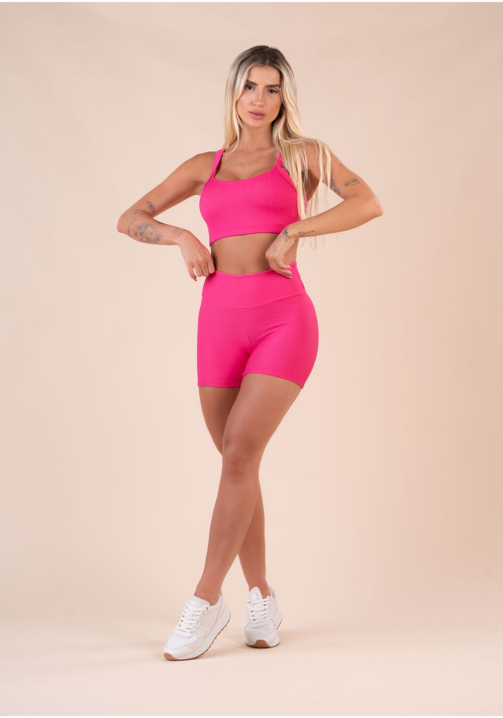 Top fitness feminino com bojo pink canelado action