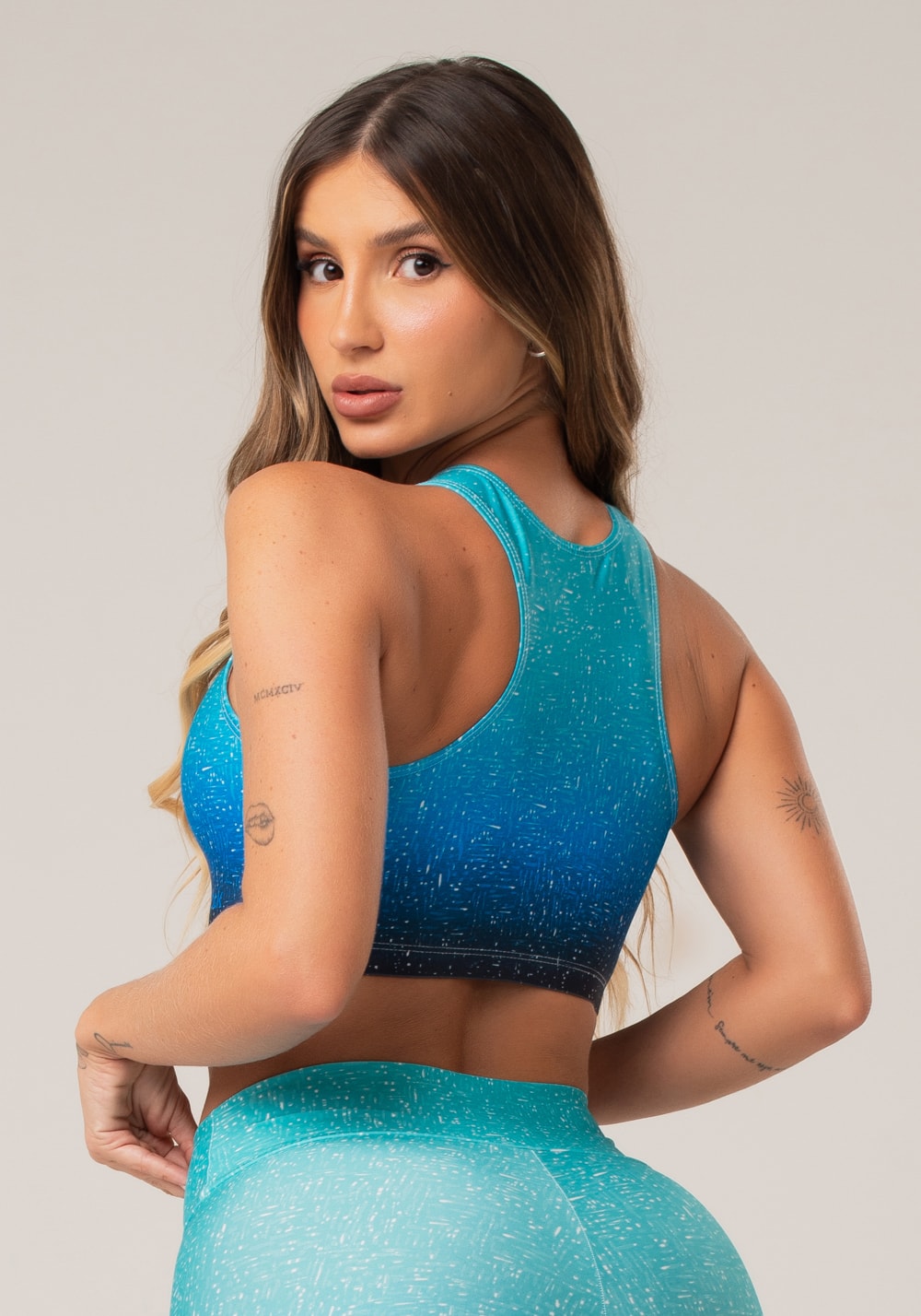 Top fitness feminino nadador new printed estampado degradê azul