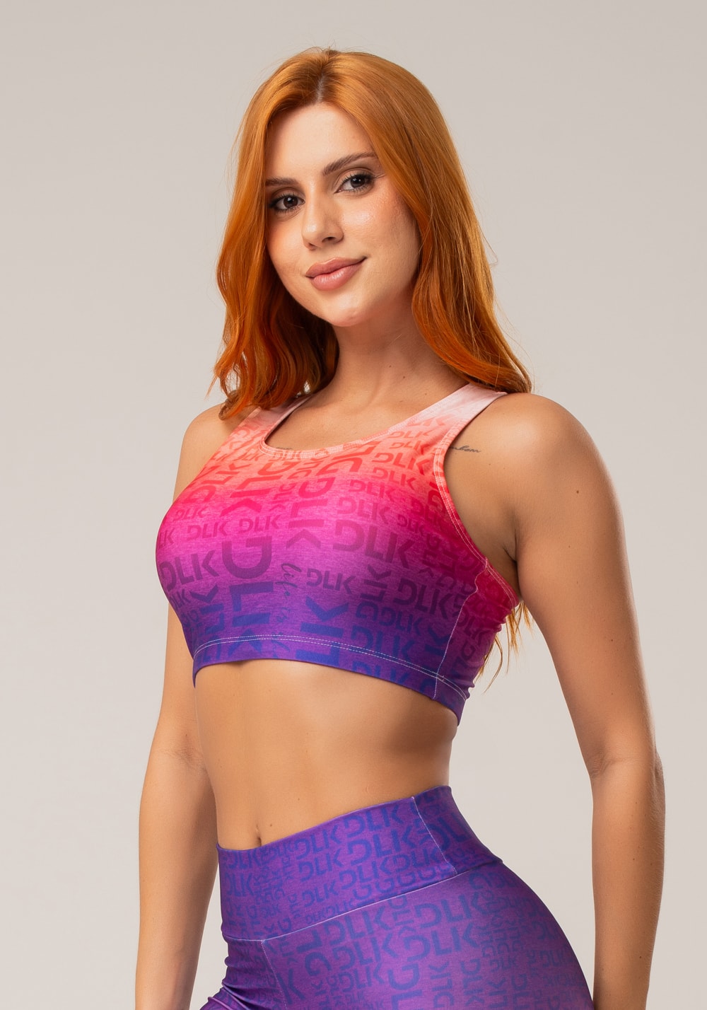 Top fitness feminino nadador new printed estampado degradê frases roxo
