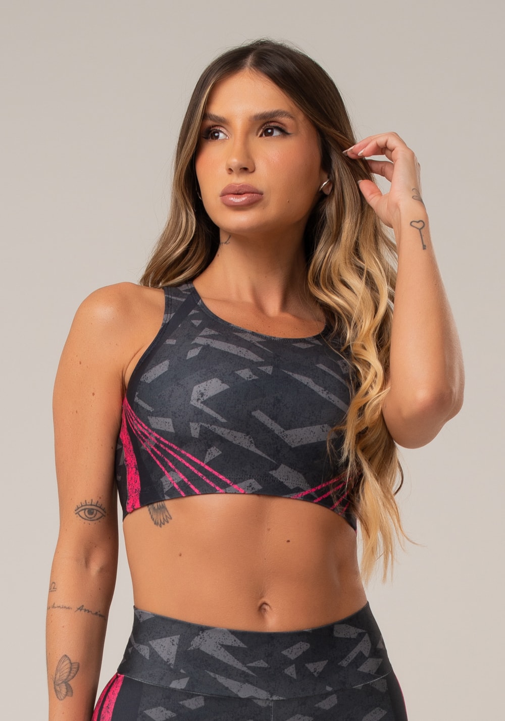 Top fitness feminino nadador new printed estampado abstrato pink