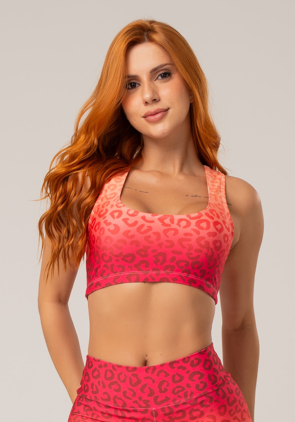 Top fitness feminino new printed estampado degradê onça vermelho