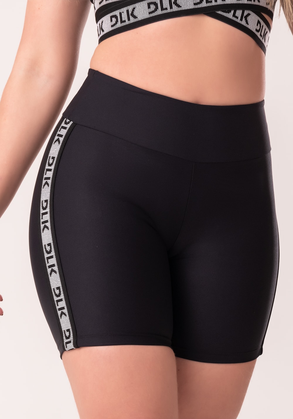 Bermuda fitness feminina preto com elástico lateral canelado intense