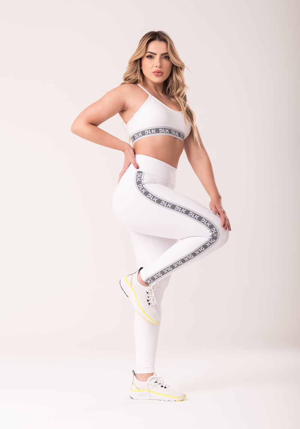 Legging fitness feminina branco com elástico lateral canelado intense