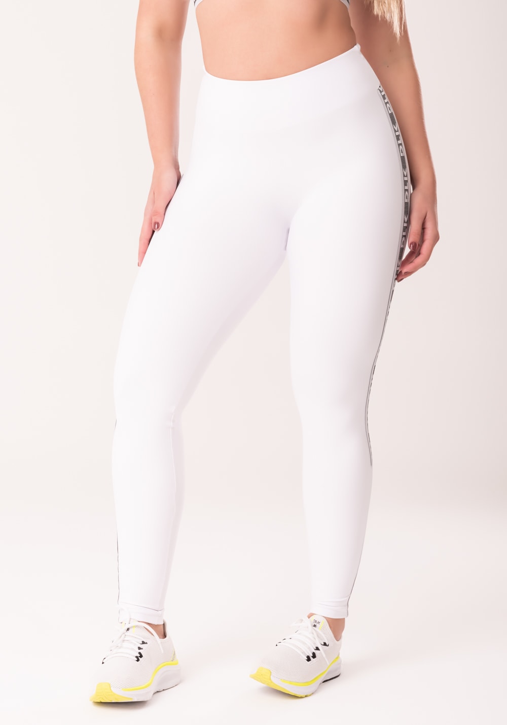 Legging fitness feminina branco com elástico lateral canelado intense