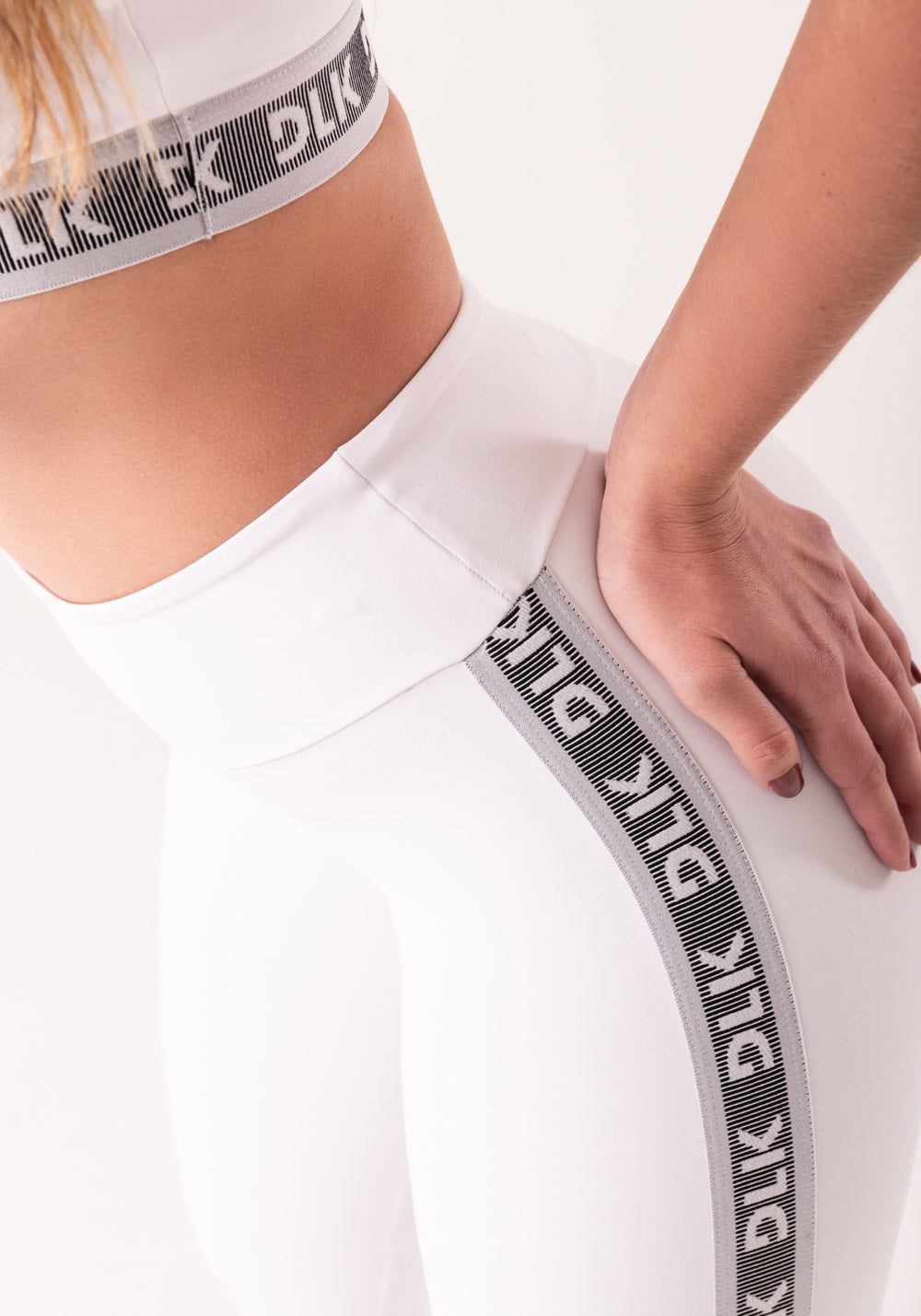 Legging fitness feminina branco com elástico lateral canelado intense