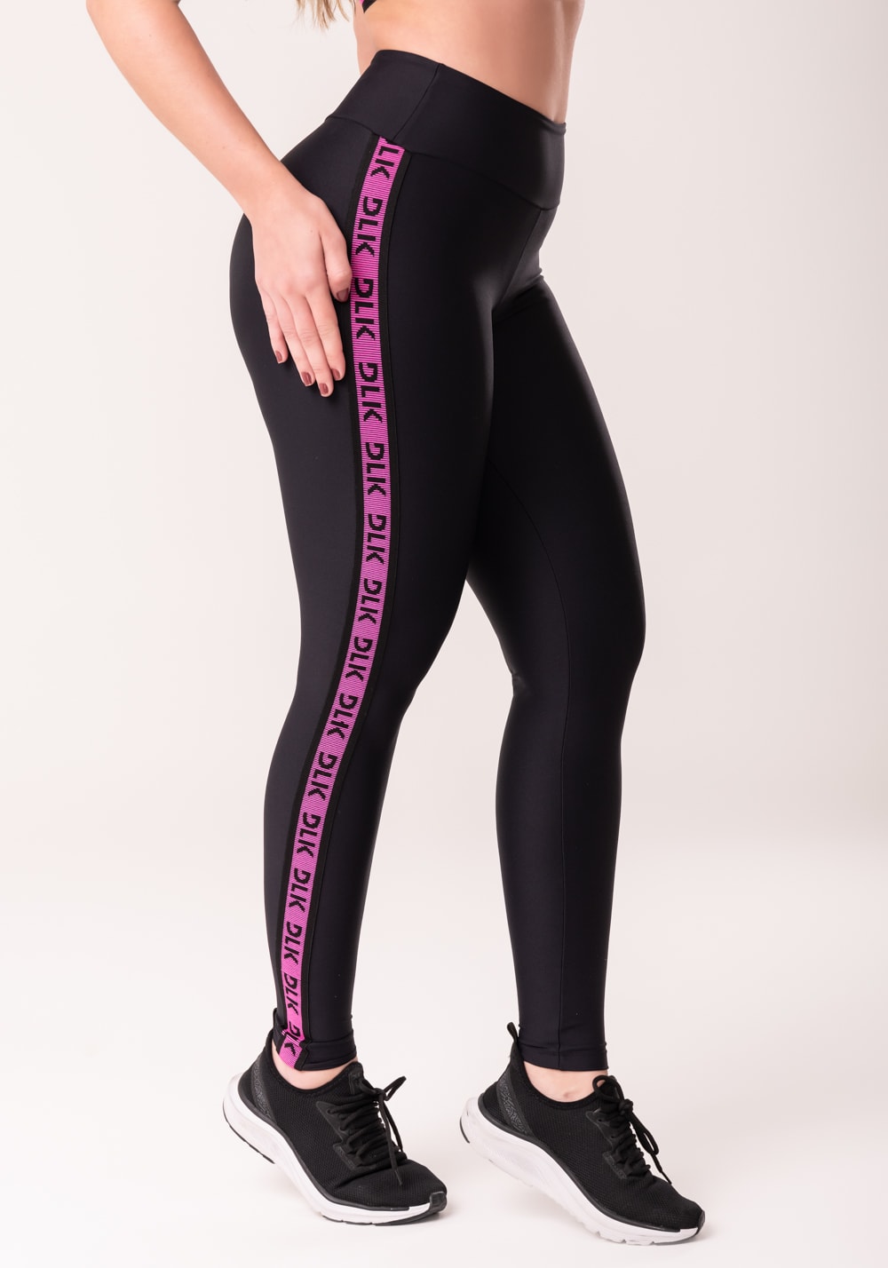 Legging fitness feminina preto com elástico lateral canelado rosa intense