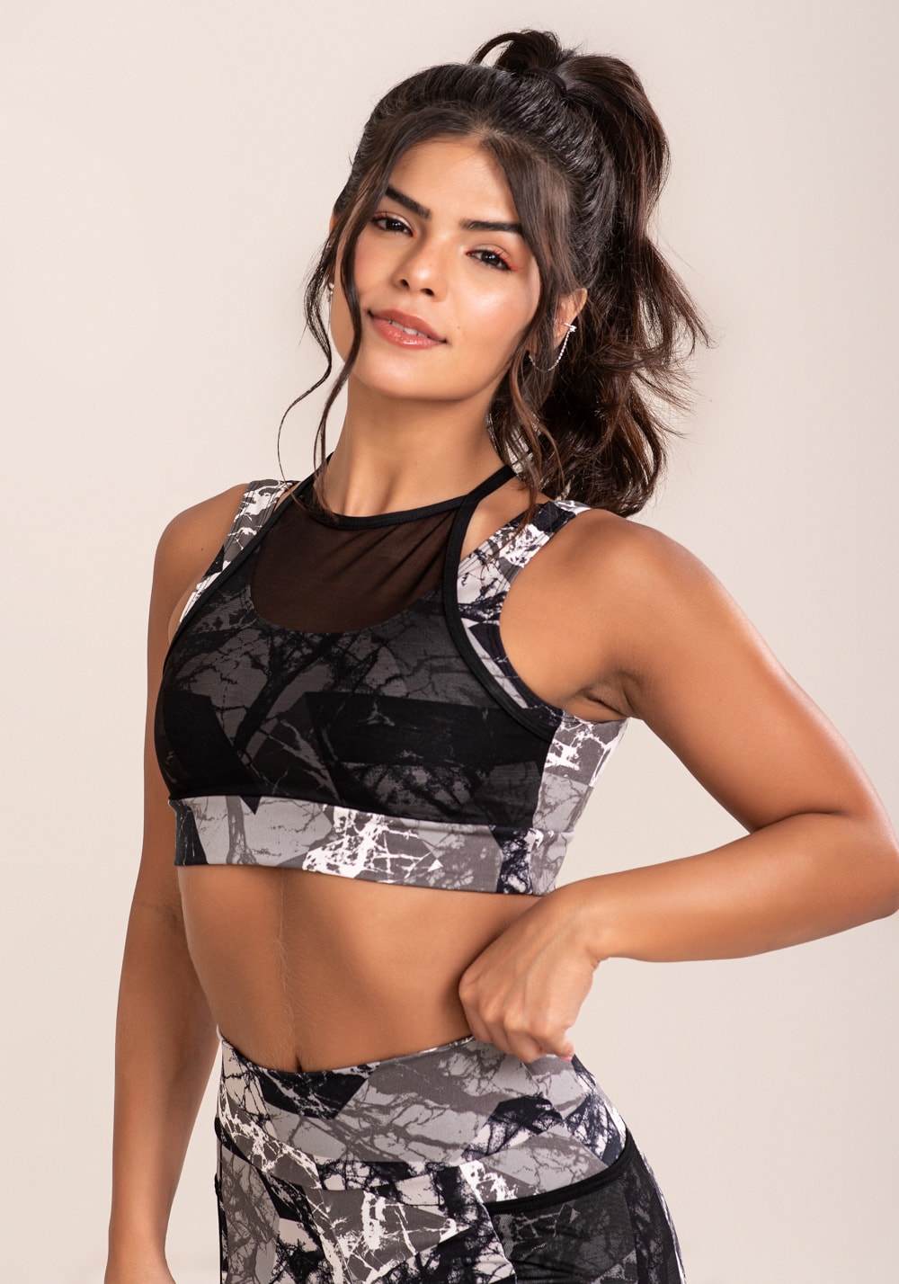 Top fitness feminino euphoria com frente dupla estampa abstract marble