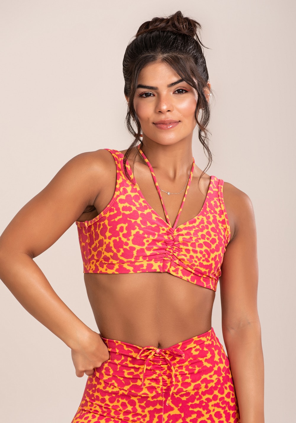 Top fitness feminino euphoria com franzido e amarração estampa spot orange