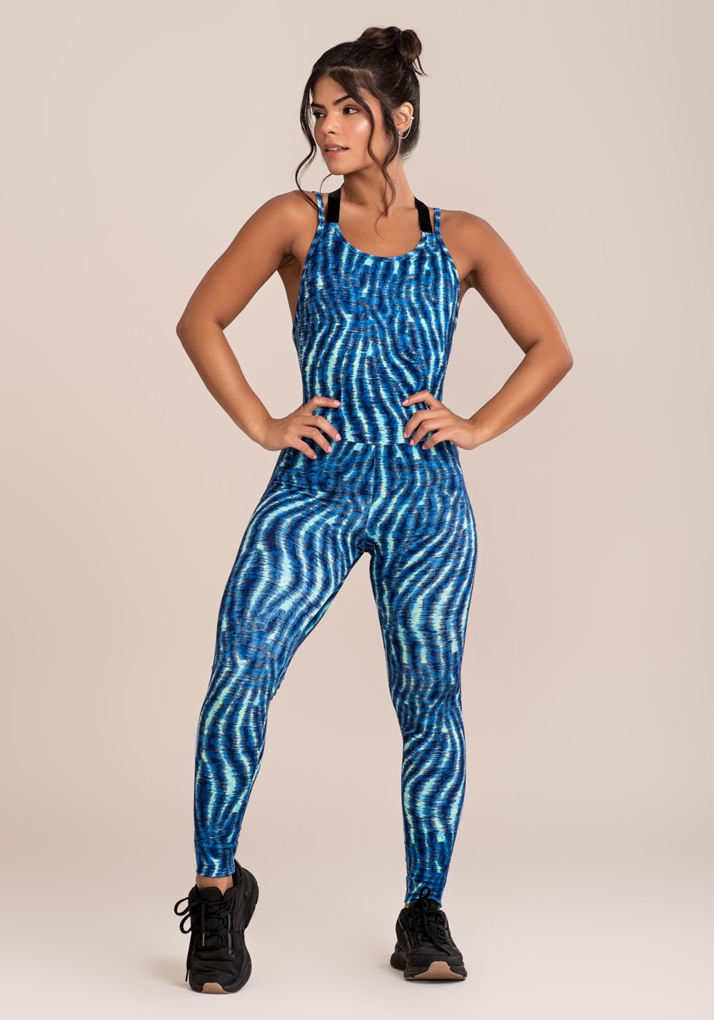 Macacão fitness feminino euphoria com alça de elástico estampa animal blurred