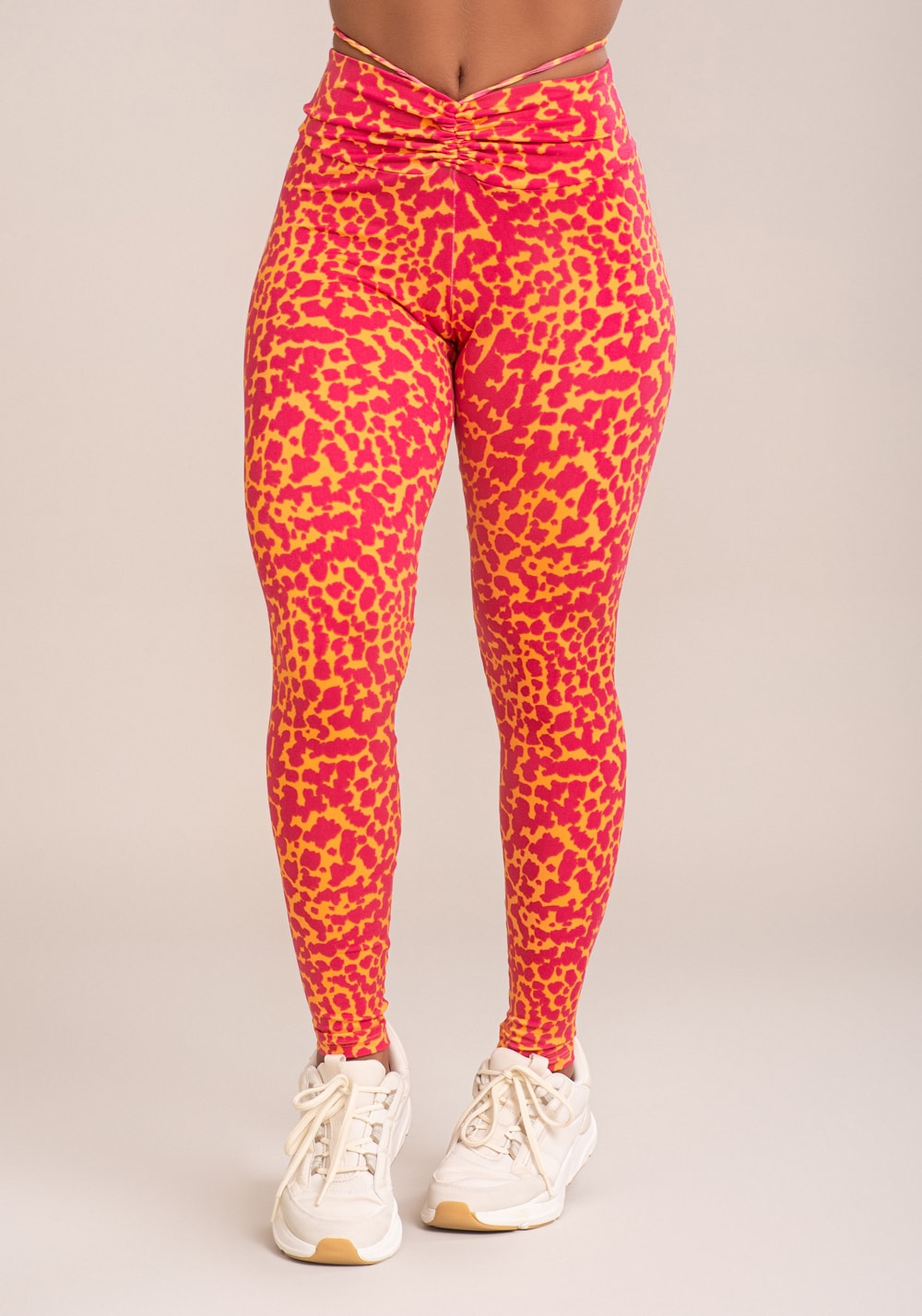 Legging fitness feminina euphoria com franzido e amarração estampa spot orange