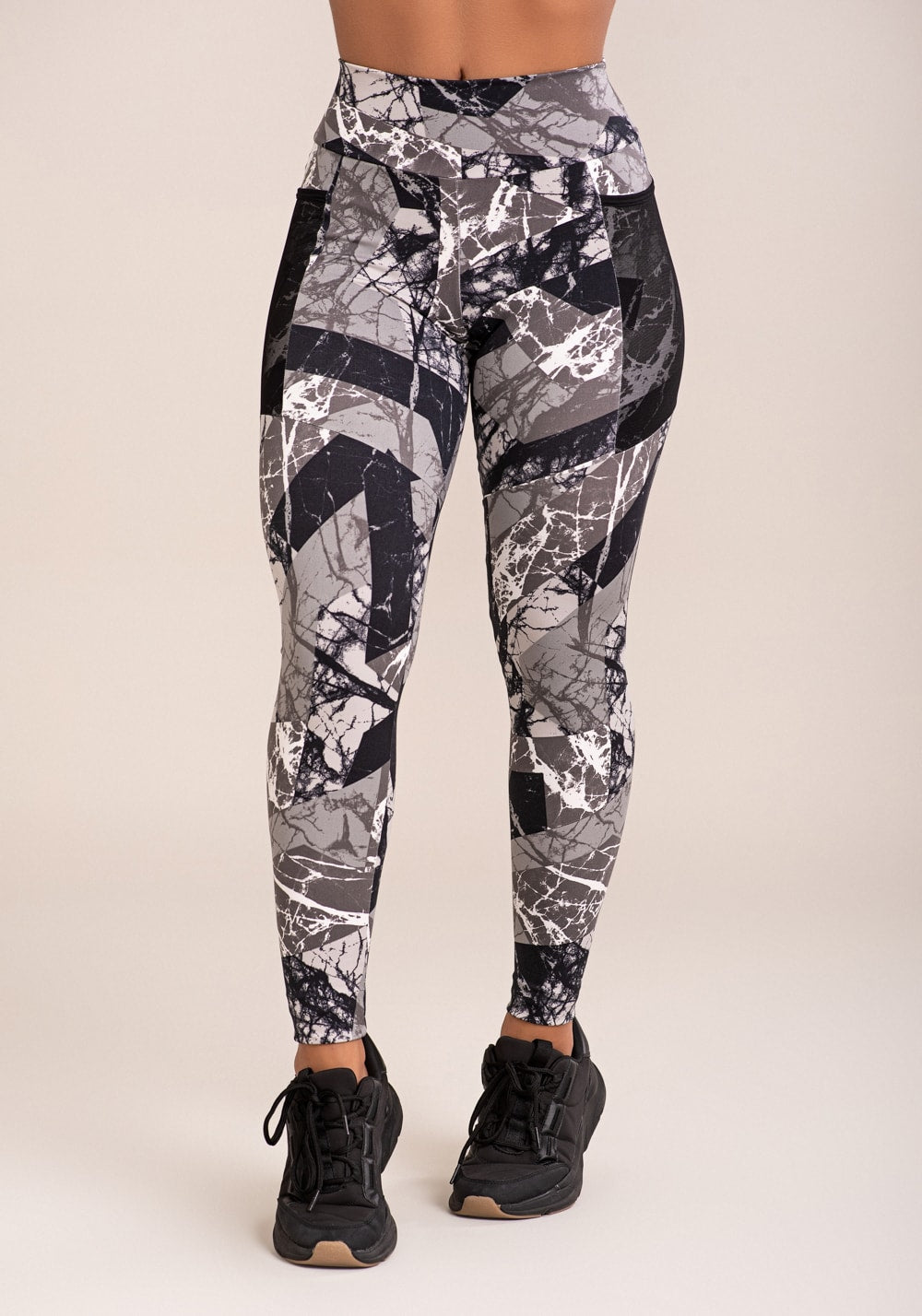 Legging fitness feminina euphoria com bolso de tule estampa abstract marble