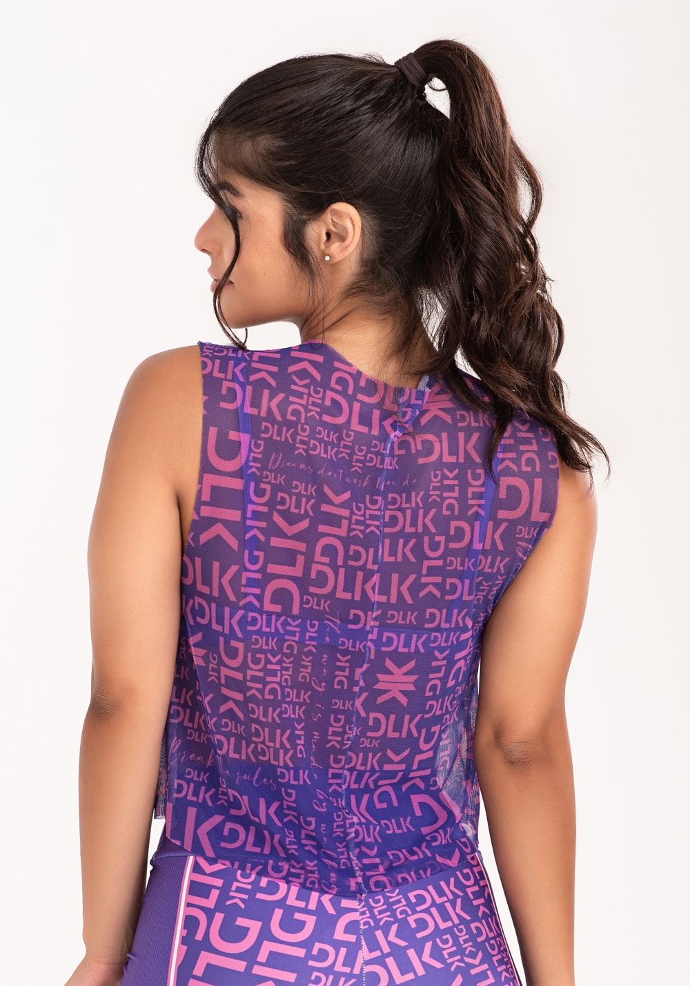 Cropped de tule feminino estampado frases roxo e rosa printed