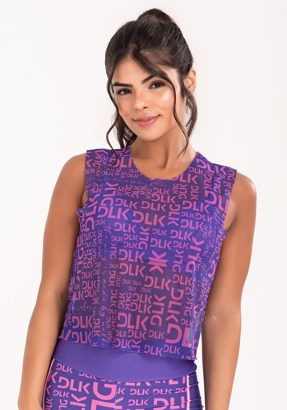 Cropped de tule feminino estampado frases roxo e rosa printed