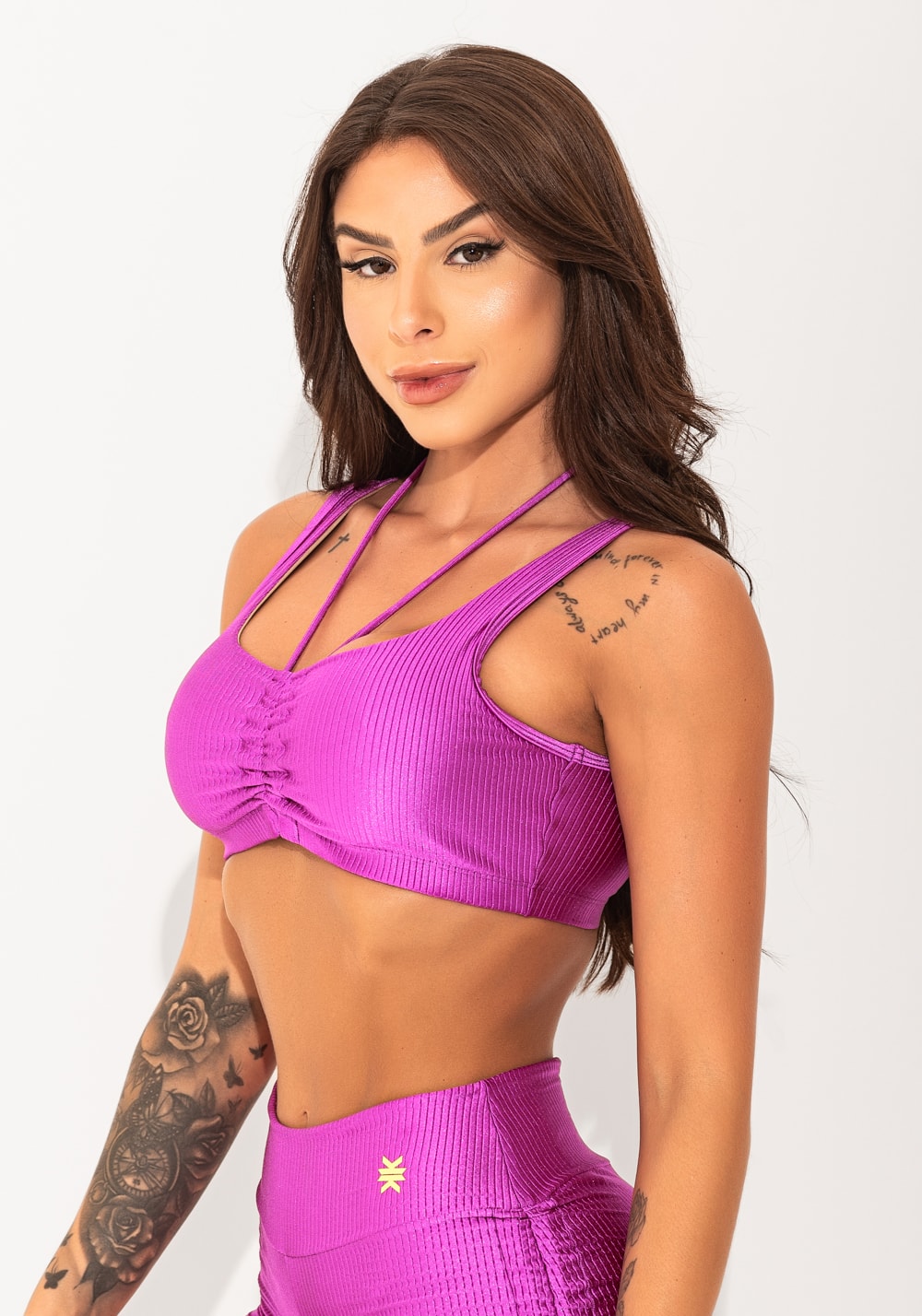 Top fitness feminino rosa canelado com amarração elegance