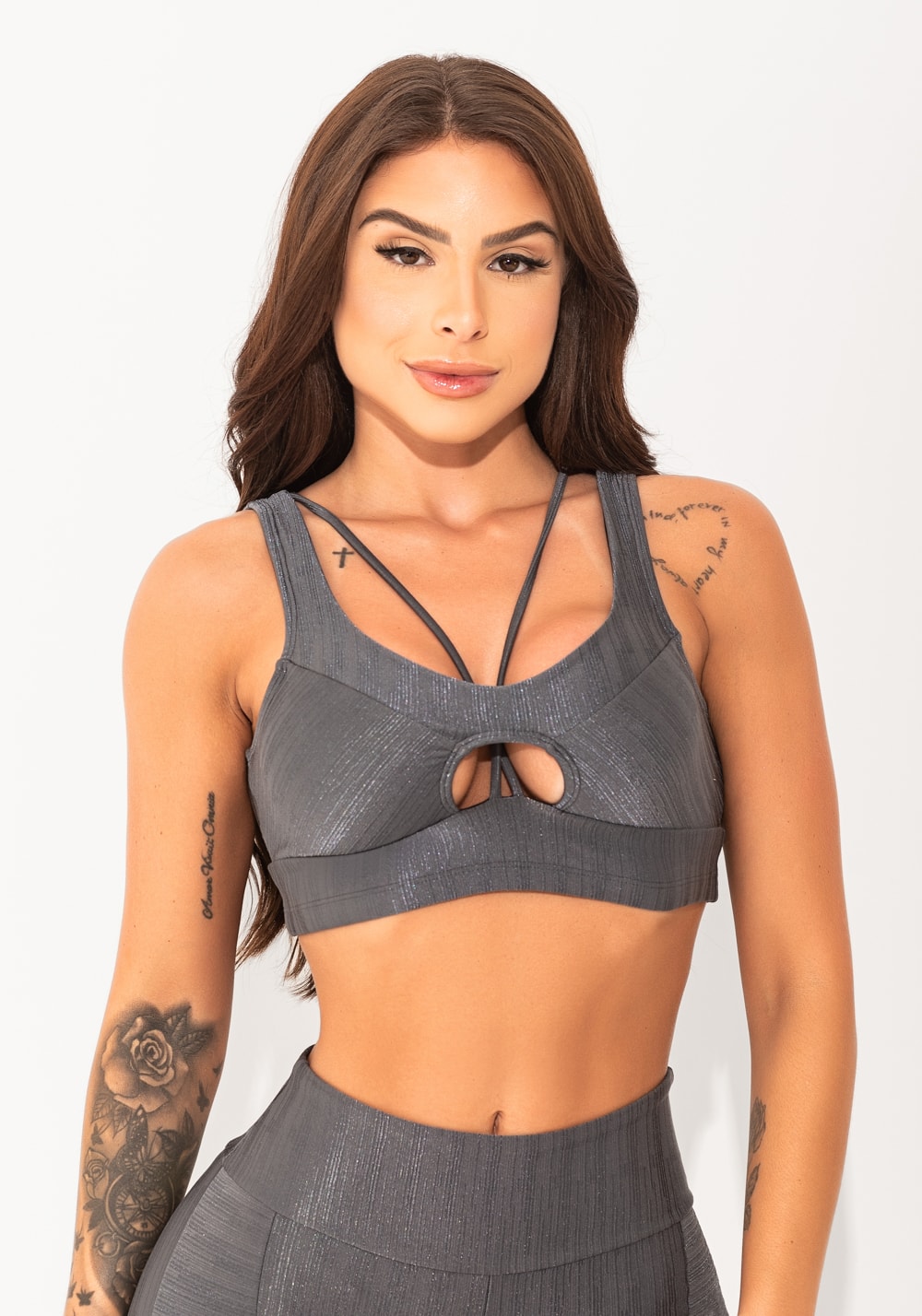 Top fitness feminino chumbo texturizado cut-out elegance
