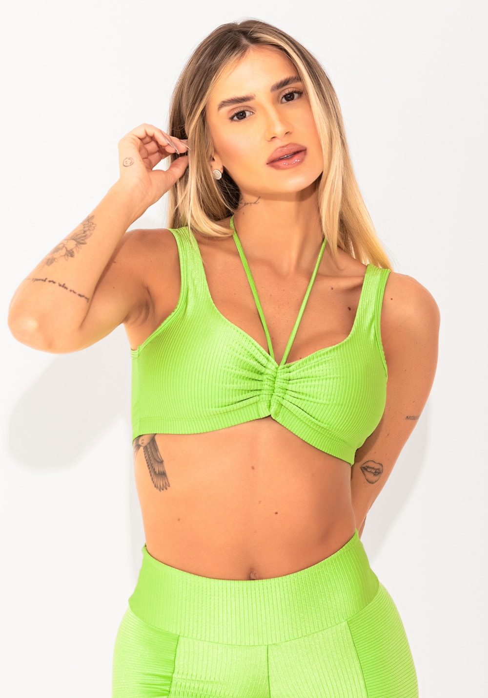 Top fitness feminino verde canelado com amarração elegance