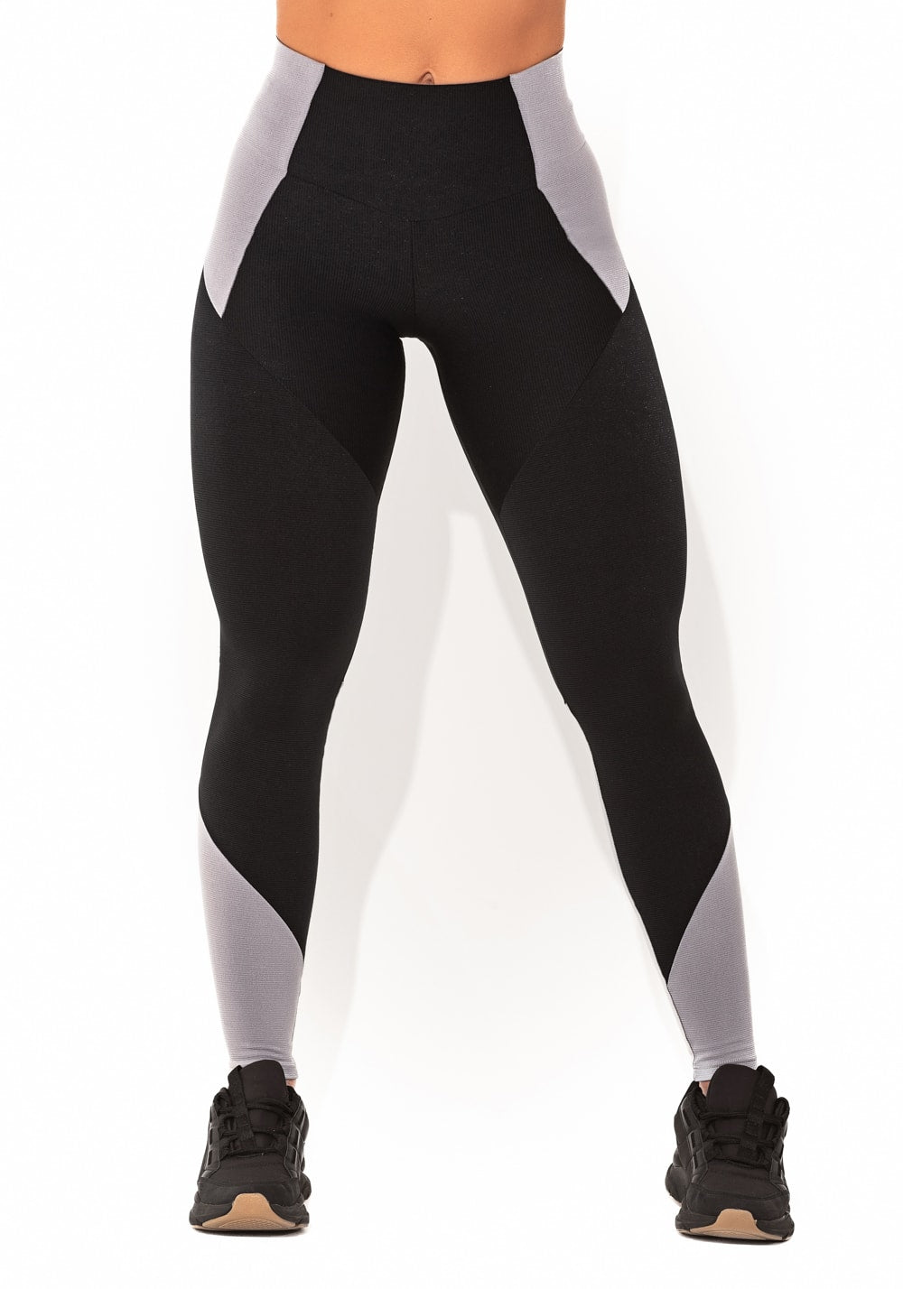 Legging fitness feminina preto e cinza com recortes canelado elegance